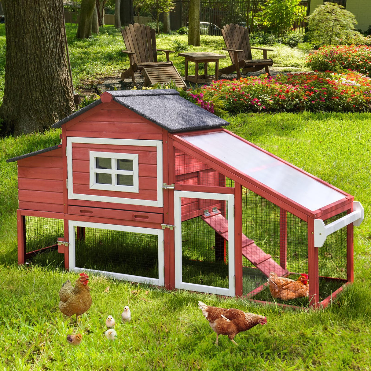 Aivituvin Chicken Coop Outdoor with Wheels, Mobile Hen House Wooden Poultry Cage with Run & Waterproof Roof (Red with White) Aivituvin