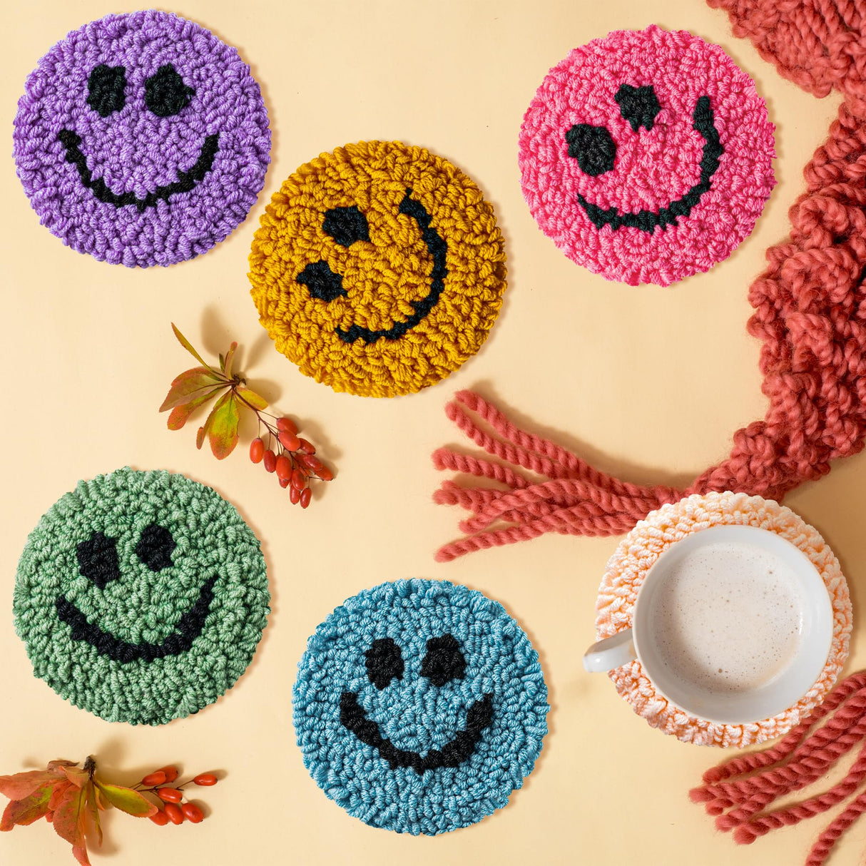 FoszaSzept Smile Punch Needle Coaster Kit, 22Pcs Embroidery Needle Coasters Crafts for Beginners, Easy DIY Mug Tufted Making Set with 6 Patterns Hoop Self Adhesive Felt Cloth Threading Device Gifts FoszaSzept