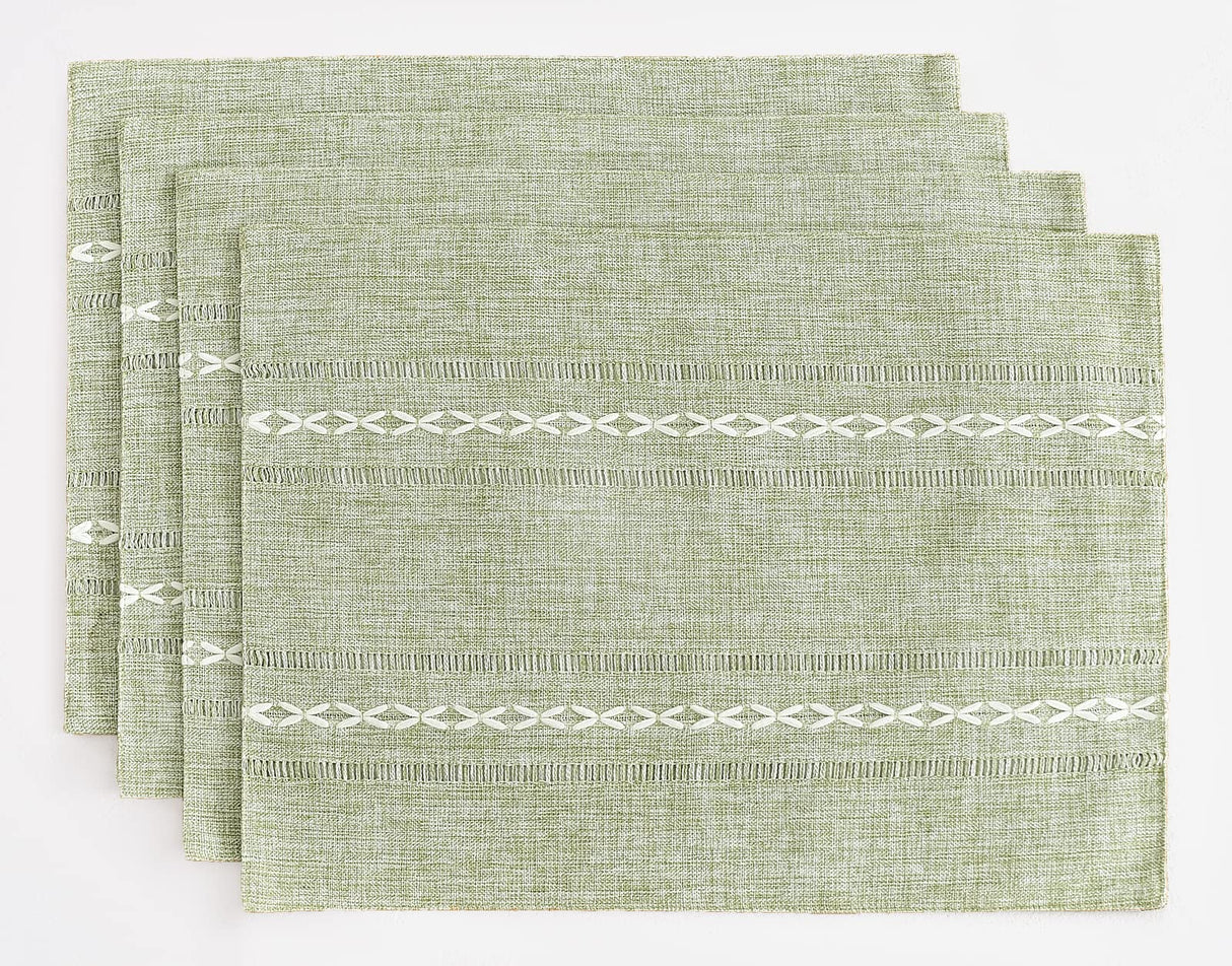 Wracra Cotton Linen Placemats, 12 x 18 Inch Set of 4 Fete Placemats Rustic Hemstitch Place Mats for Kitchen Table and Heat Resistant-Sage Green Wracra