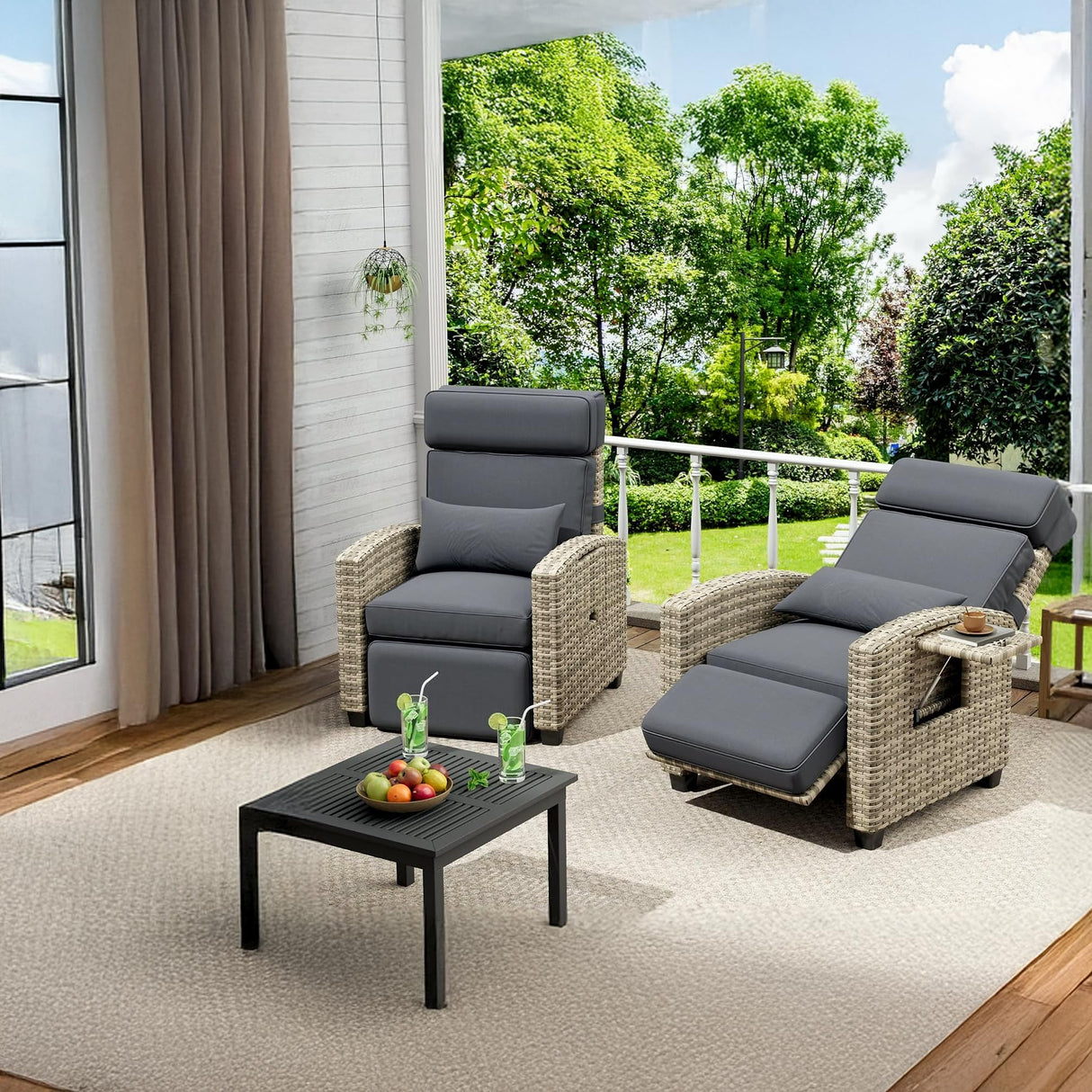 PeacefulHues Outdoor Rattan Recliner, Armrest Console Tray,Patio Lounge, Adjustable Backrest & Footrest 150Β° Lay Flat, Removable Cushion,Air Pump Chair,for Pool,Balcon,Veranda,Porch,Terrace,Yard PeacefulHues