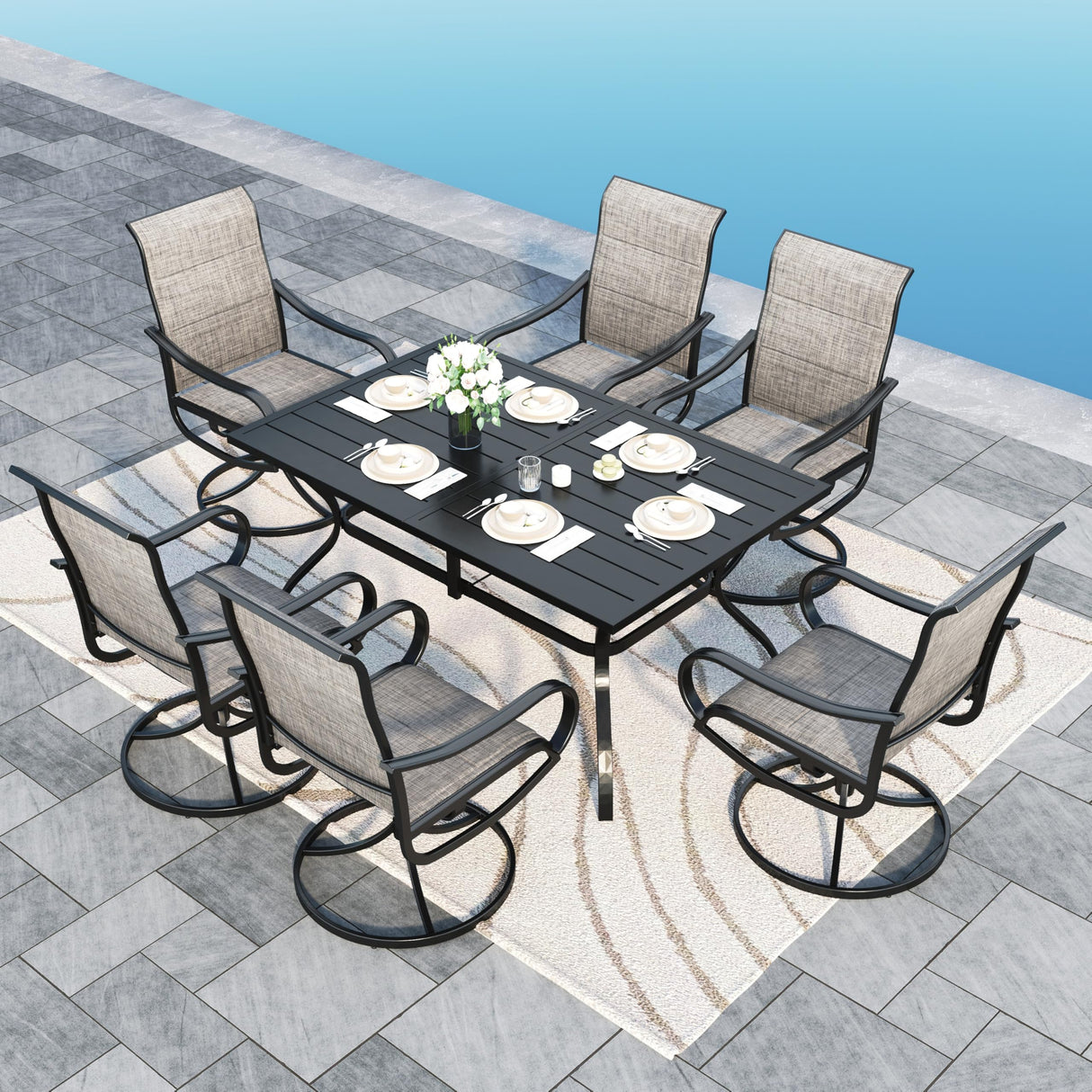 Sophia & William Patio Dining Set 7 Pieces, 6 x Patio Dining Swivel Chairs Padded with 1 Umbrella Table, Outdoor Table and Chairs for Lawn Garden Sophia & William