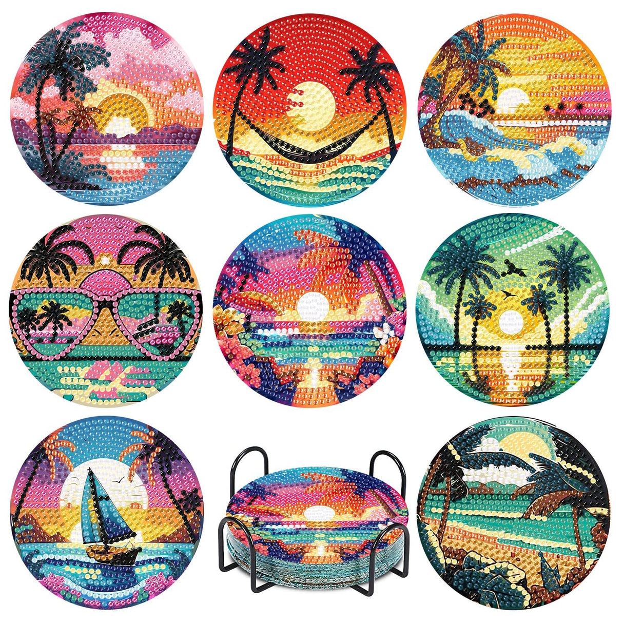 CAMOYAI 8 pcs Beach Diamond Art Coasters Kits with Holder, DIY Landscape Diamond Painting Coasters,Diamond Art Kits for Adults Beginners CAMOYAI