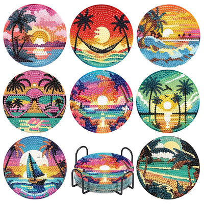 CAMOYAI 8 pcs Beach Diamond Art Coasters Kits with Holder, DIY Landscape Diamond Painting Coasters,Diamond Art Kits for Adults Beginners