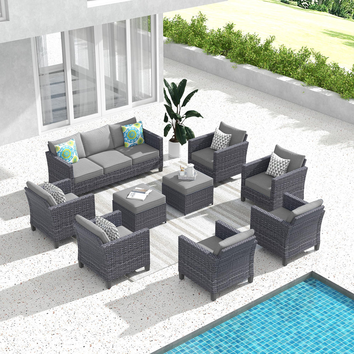 ovios Patio Furniture Set, 9 Pieces Outdoor Wicker Rattan Sofa Couch with 6 Chairs, Ottomans and Comfy Cushions, All Weather High Back Conversation Set Garden Backyard, Dark Grey ovios