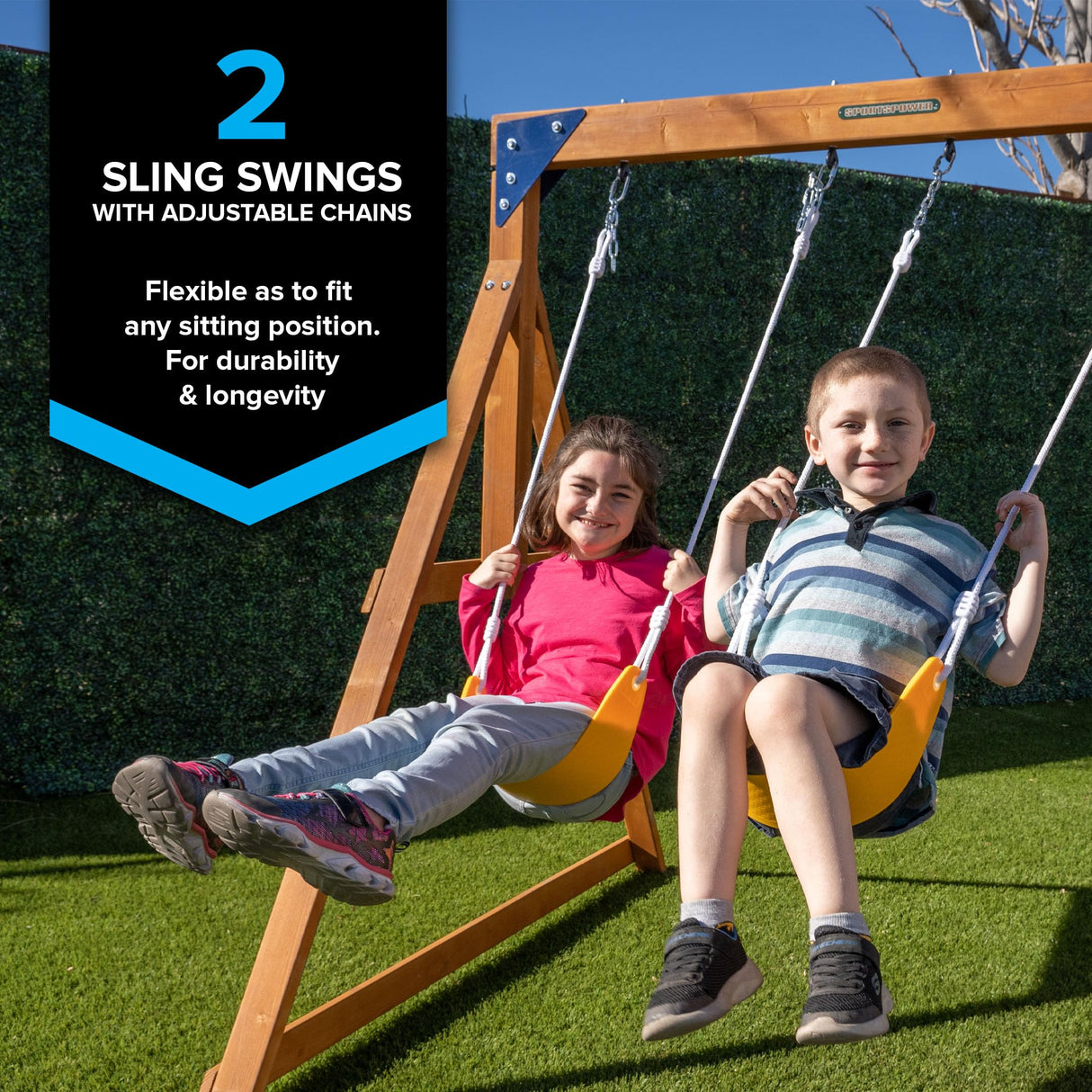 Sportspower North Peak Wooden Swing Set with Heavy Duty A-Frame & 6ft Double Wall Slide and Bonus Anchor Kit, Yellow/Blue Sportspower