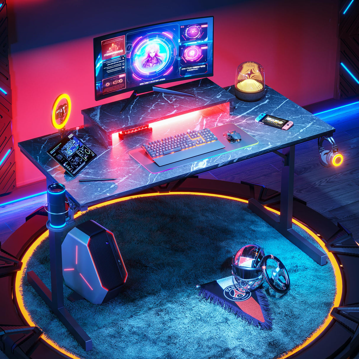 Bestier Small Gaming Desk with Monitor Stand, 42 inch LED Computer Desk, Gamer Workstation with Cup Holder & Headset Hooks, Modern Simple Style Desk for Home Office, Black Marble Bestier