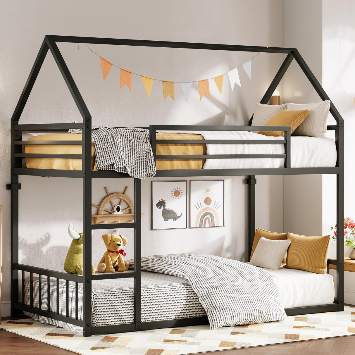 LIKIMIO Bunk Bed Twin XL Over Twin XL, Metal Bunk Bed Frame with Ladder and Guardrail, House Shaped with Metal Slats for Dormitory and Bedroom, Space Saving, No Box Spring Needed, Black LIKIMIO