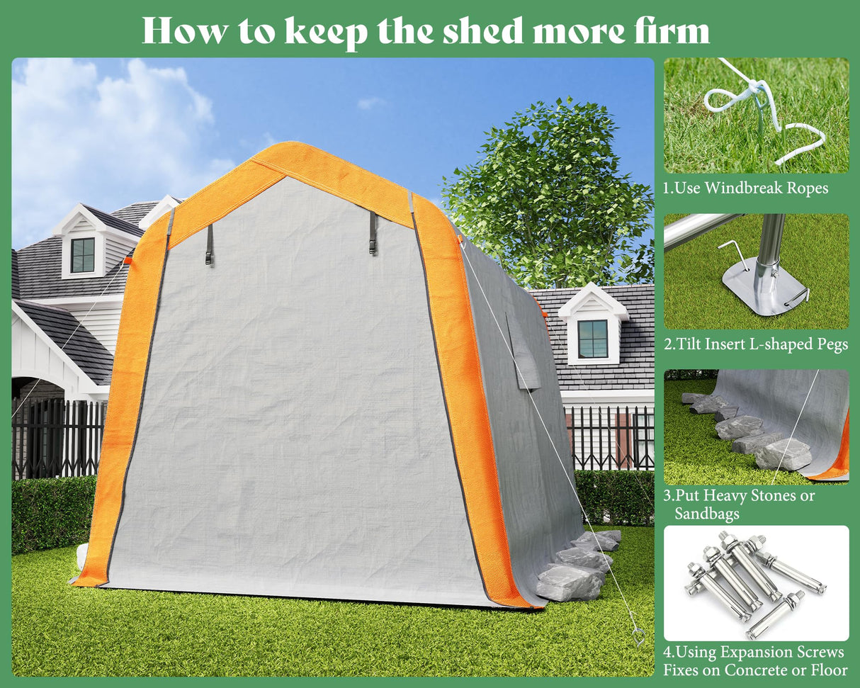 AMERLIFE 6x8x6.6 FT Heavy Duty Portable Shed Storage Shelter, Outdoor Storage Shed with 2 Waterproof Windows & Roll-up Zipper Door, Carport for Motorcycle, Bike, Grey AMERLIFE