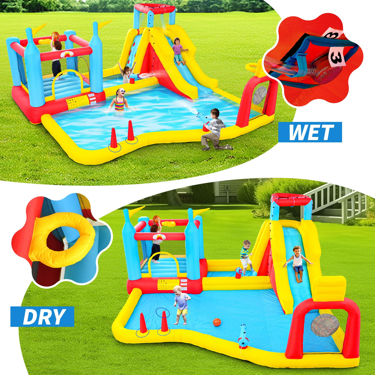 WELLFUNTIME Inflatable Water Slides Park with Blower, Bouncy Castle with Climbing Wall, Dual Water Cannons, Dual Basketball Hoops, Dartboard, Ring Toss, Deep Pool WELLFUNTIME