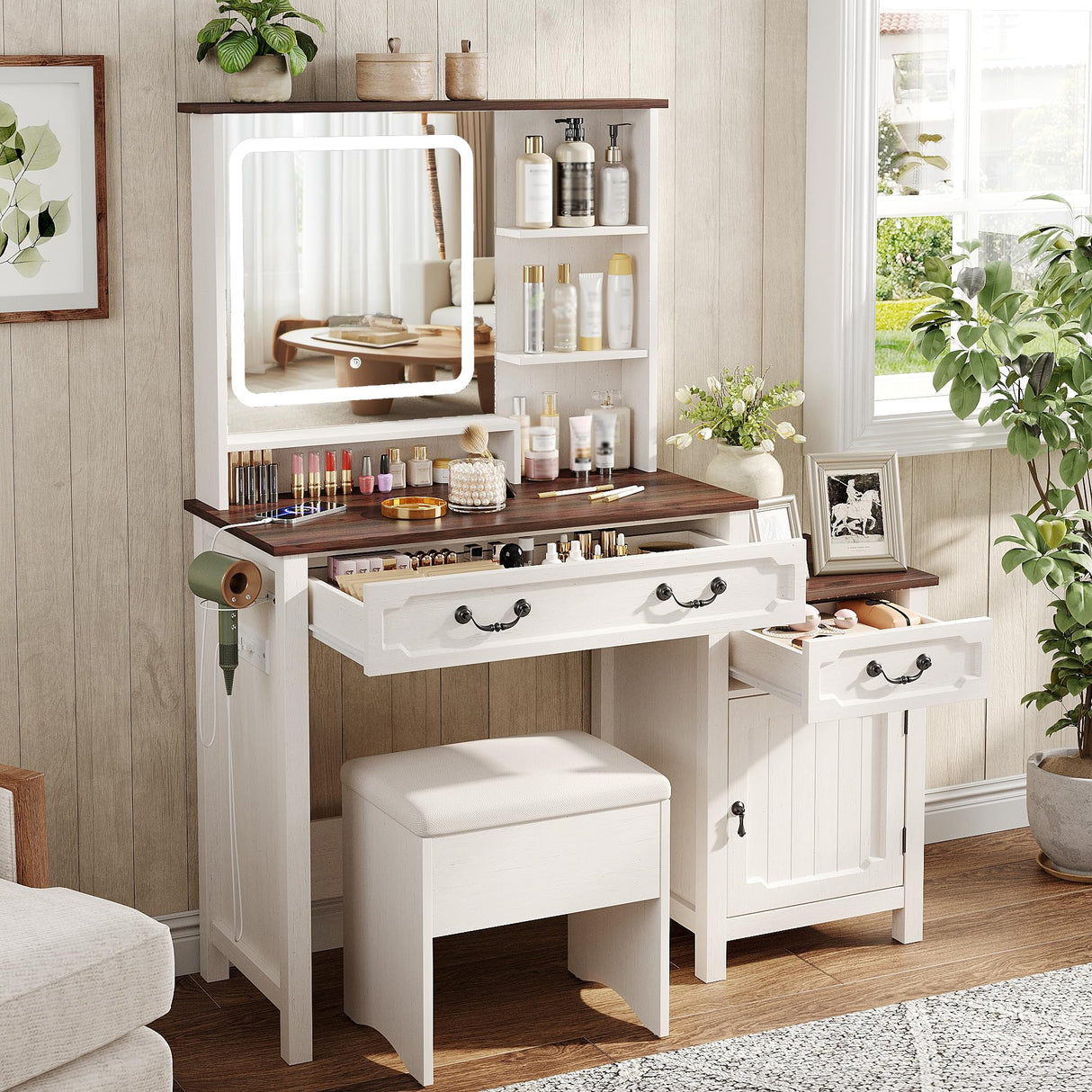 Maupvit Farmhouse Makeup Vanity Desk with LED-Light Mirror with Charging Station and Bedside Table ,3 Lighting Color Adjustable,White Vanity Desk Set with Large Drawers for Bedroom Maupvit