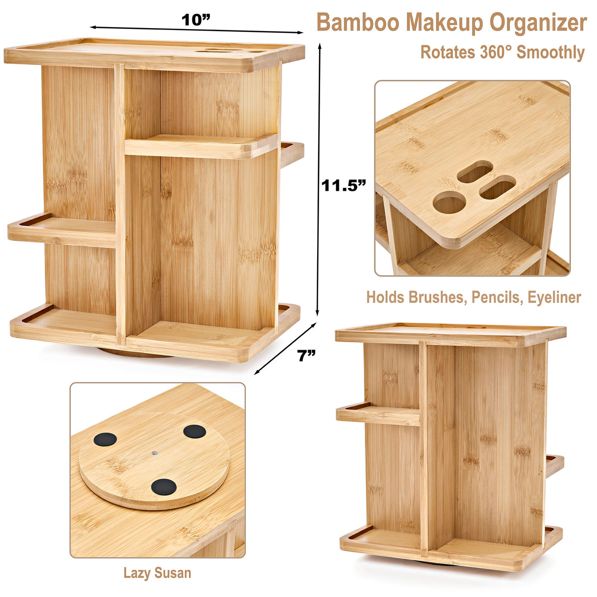Sorbus 360° Makeup Organizer - Bamboo Wood Make Up Storage Carousel for Cosmetics, Skin Care Rotating Makeup Organizer for Vanity, Bathroom Storage Sorbus