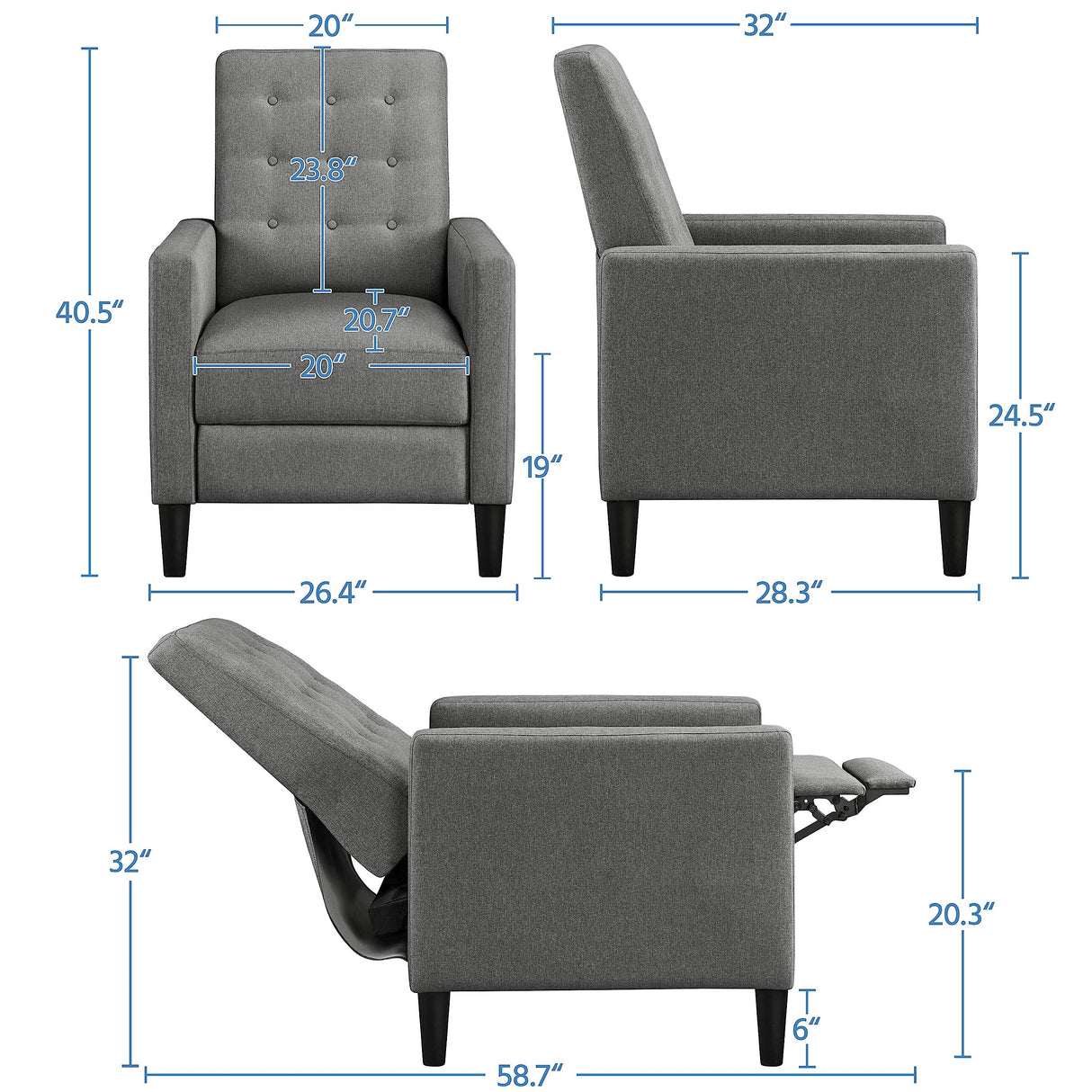 Yaheetech Fabric Recliner Chair Mid-Century Modern Recliner Adjustable Single Recliner Sofa with Thicker Seat Cushion Tufted Upholstered Sofa with Pocket Spring for Living Room Bedroom Gray Yaheetech