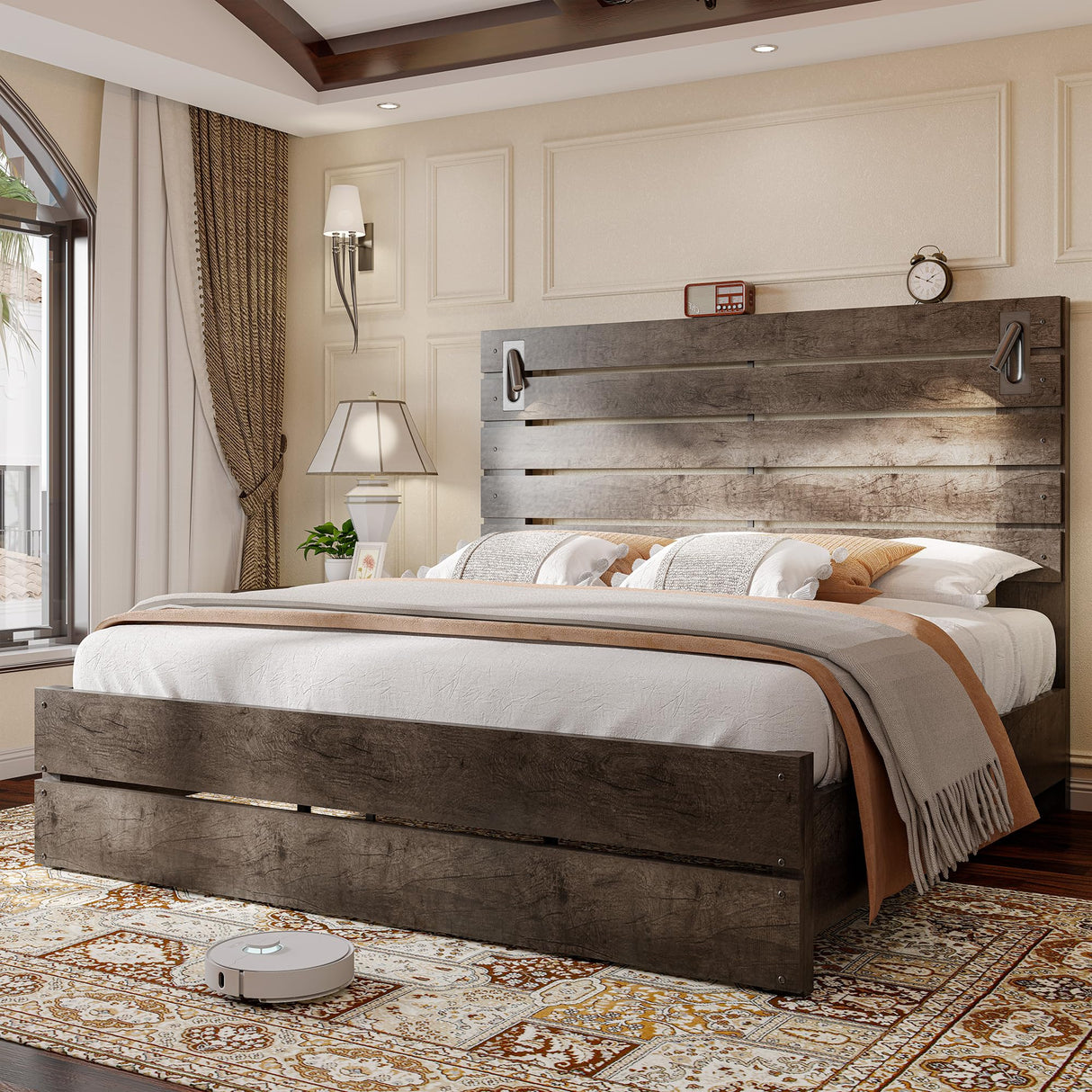 Jocisland King Size Farmhouse Bed Frame, 51" Headboard, LED Reading Lights, Rustic Wood Look, No Box Spring Needed, Rustic Gray Jocisland