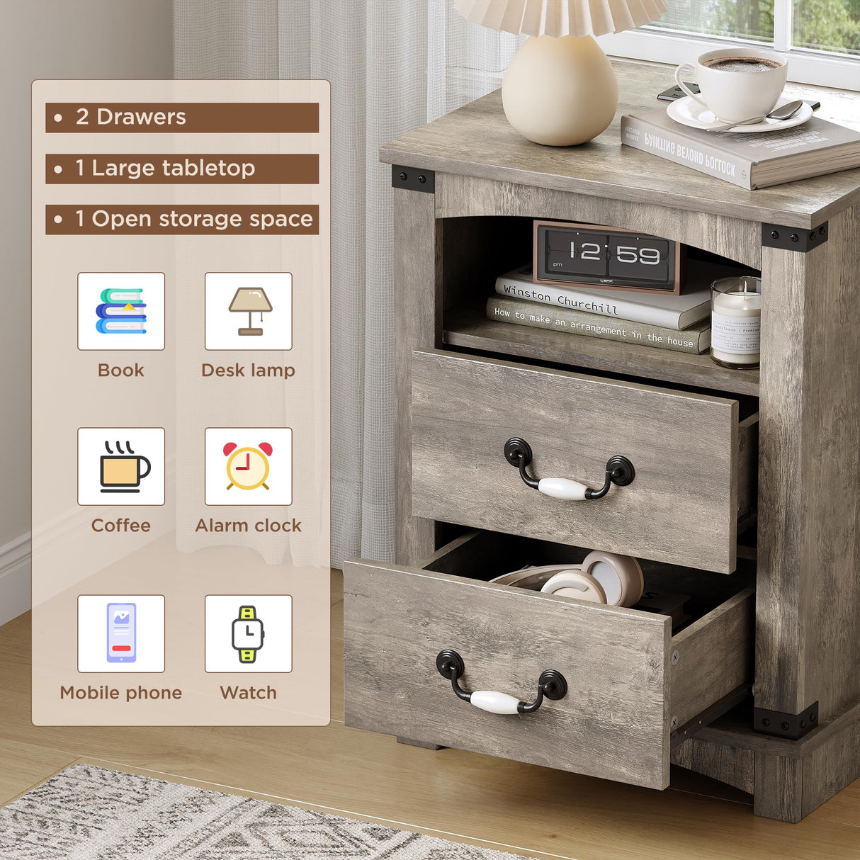 Maupvit Farmhouse Night Stand with Charger Station & Ceramic Handle, Wood Nightstand with 2 Storage Drawers, LED Bedroom Nightstand, Bedside Tables, Grey Maupvit
