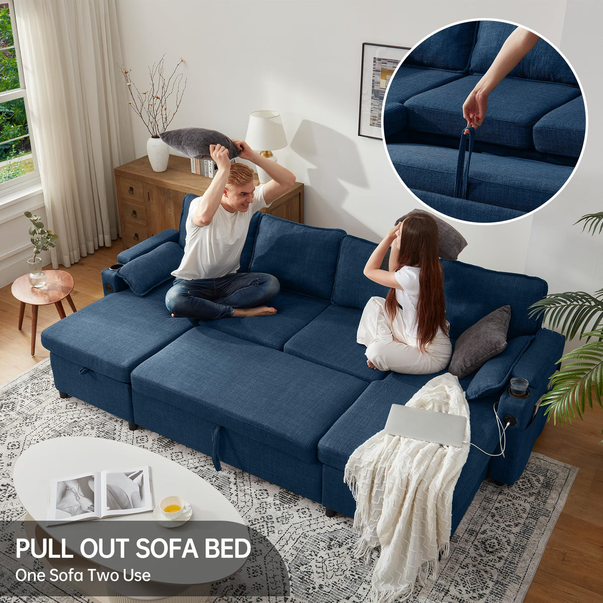 DURASPACE Sofa Bed Pull Out Couch Sleeper with Double Storage Chaise, U Shaped Convertible Sectional Sleeper Sofa for Living Room with USB Charging Ports, Cup Holder (Blue) DURASPACE