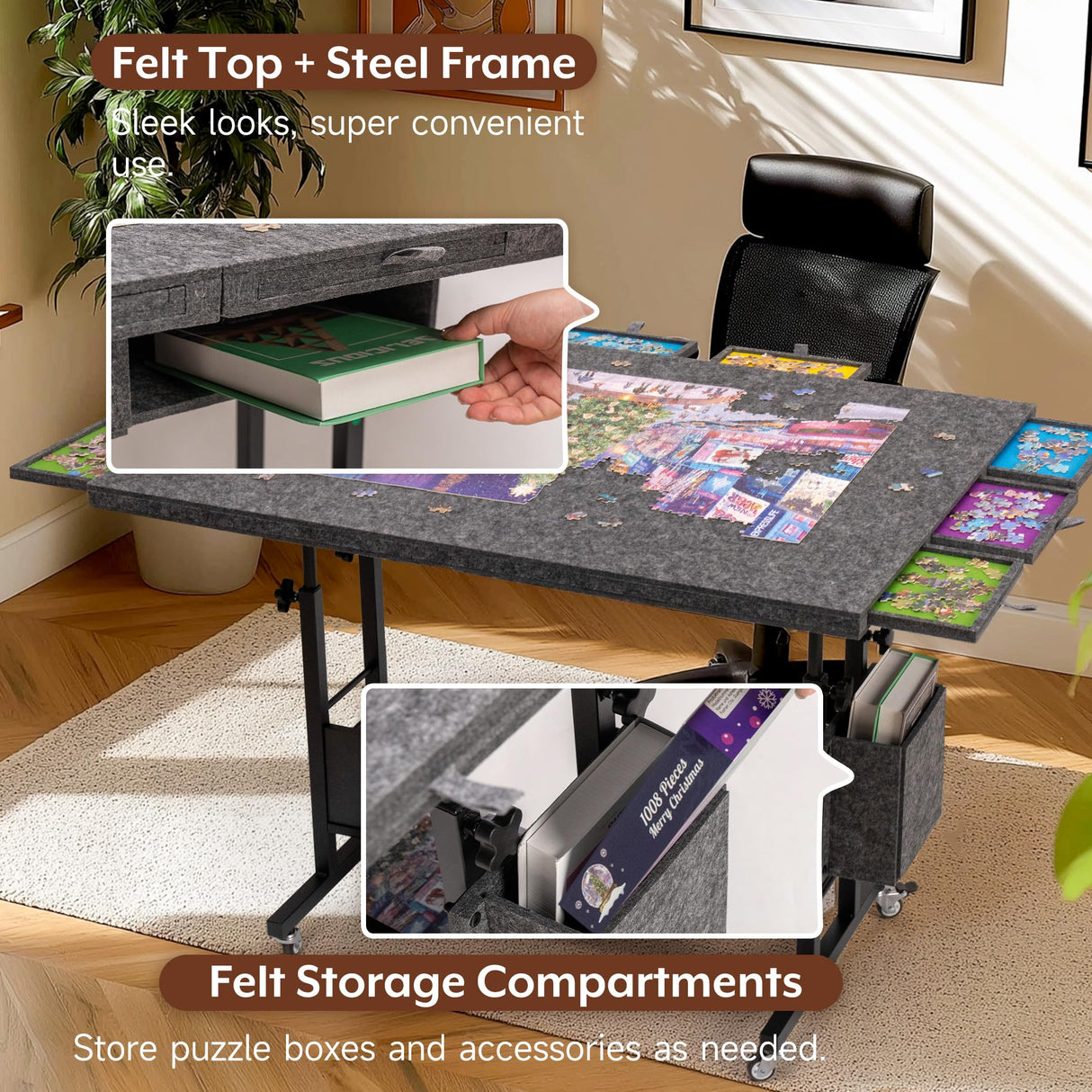 Tektalk 2000 Piece Foldable Felt Jigsaw Puzzle Table with Height Adjustment, Puzzle Board for Adults with 2 Cover & 8 Sorting Trays/Drawers, Easel with Legs, Enclosed with 4 Roller Wheels - Dark Gray Tektalk
