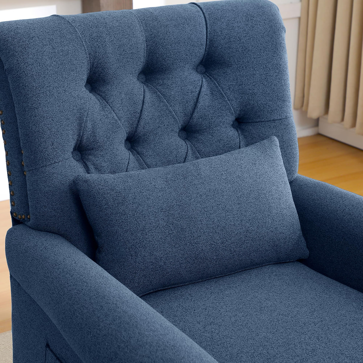 choairy Pushback Recliner Chair, Accent Push Back Chair with Adjustable Footrest Wingback, Upholstered Linen Fabric Reclining Sofa with Side Pocket, Comfy Modern Armchair for Living Room, Navy Blue choairy