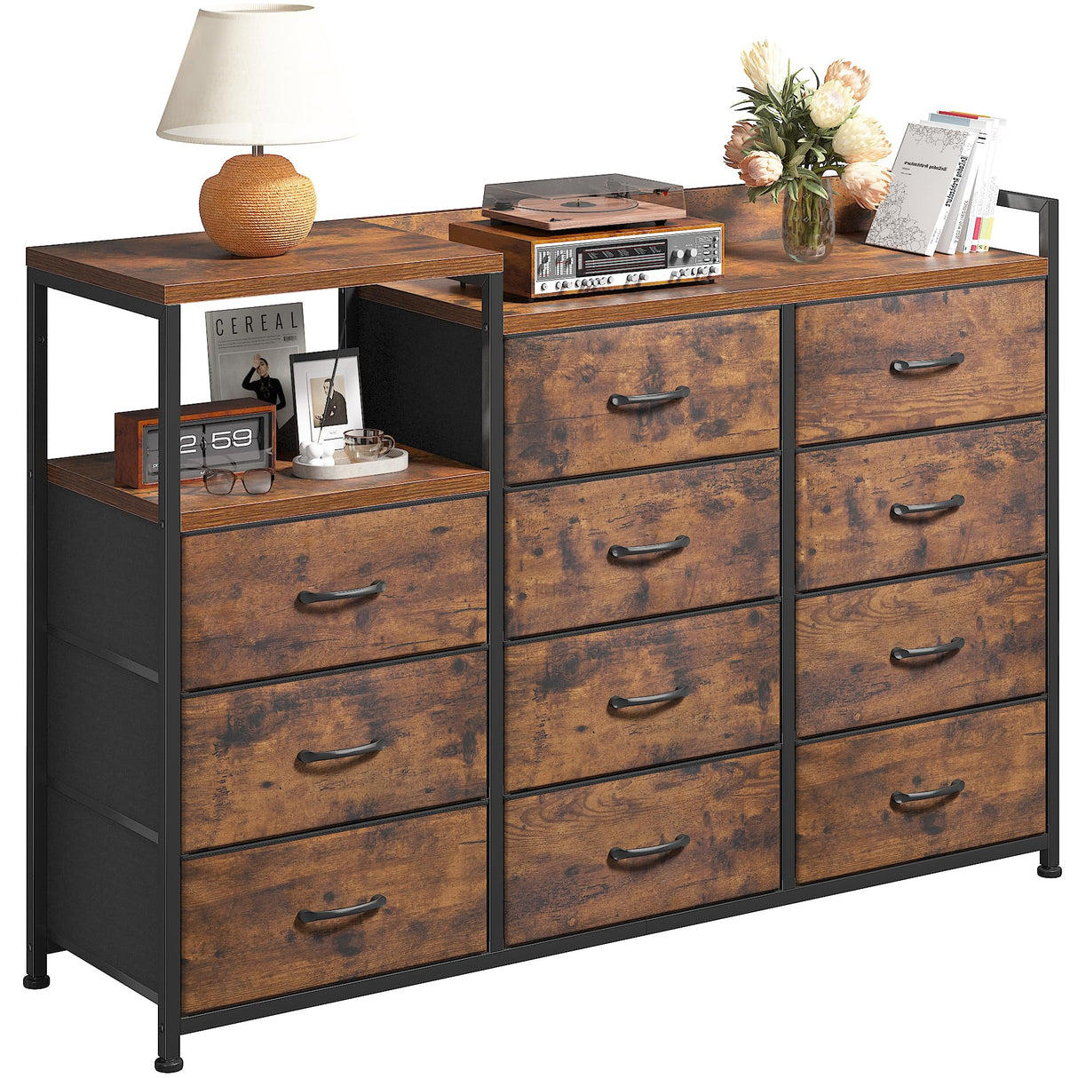EnHomee Dresser for Bedroom with 11 Drawers Long Dresser TV Stand with Shelves Wide Dressers & Chests of Drawers Large Dresser for Bedroom Dresser, Sturdy Metal Frame, Wood Top, Rustic Brown EnHomee