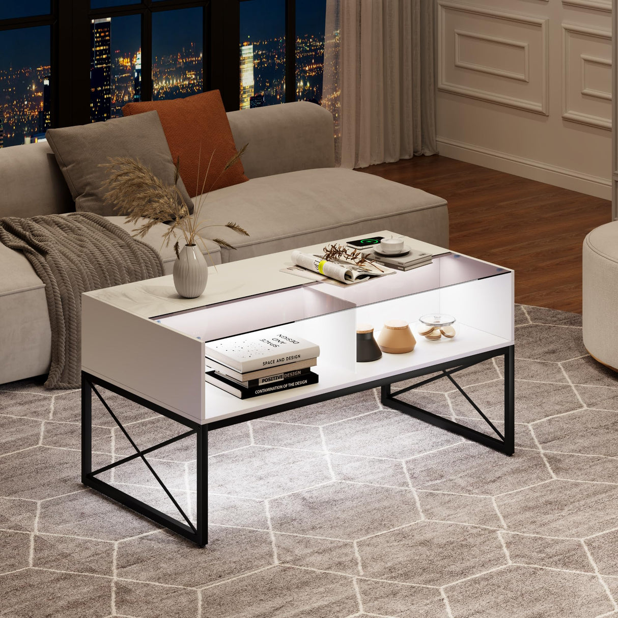 Glass Coffee Tables for Living Room, White Mid Century Modern Coffee Table with Storage, Smart Led Light Wood Coffee Table HWB