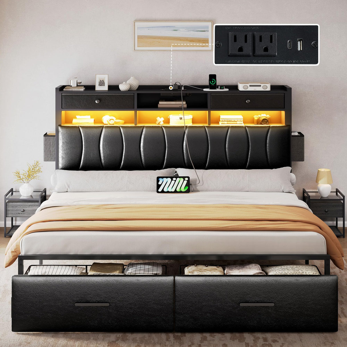 YITAHOME King Size with 2 Storage Drawers and Charging Station, Upholstered Bed with Storage Headboard and LED Light, Heavy Duty Metal Frame Support, No Box Spring Needed, Noise Free, PU Leather Black YITAHOME