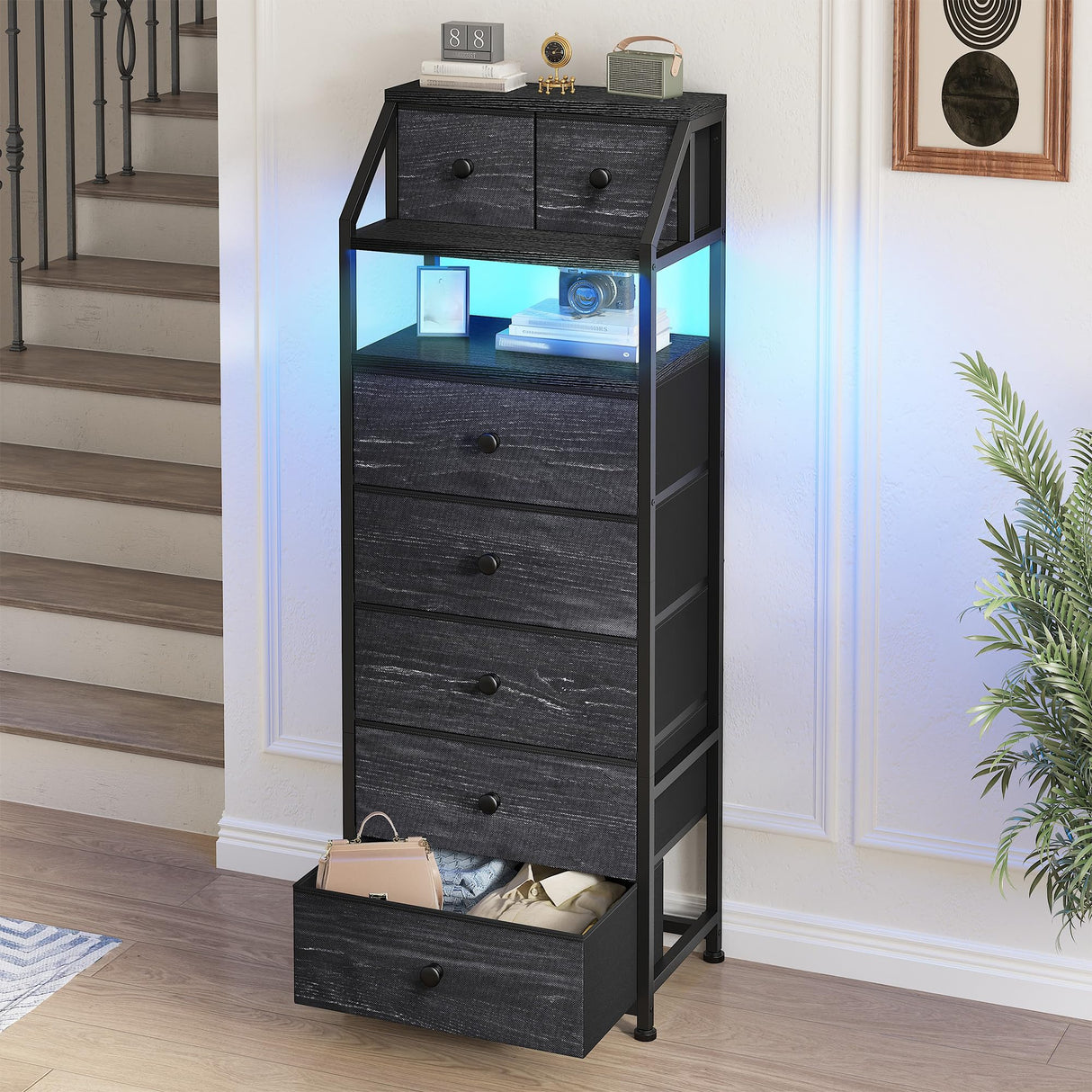 51.2" H Dresser for Bedroom with LED Lights, Night Stand with 7 Drawers, Dressers & Chests of Drawers with Open Wood Shelf, Metal Frame, Bedside Table with Fabric Storage Bins, Black EnHomee