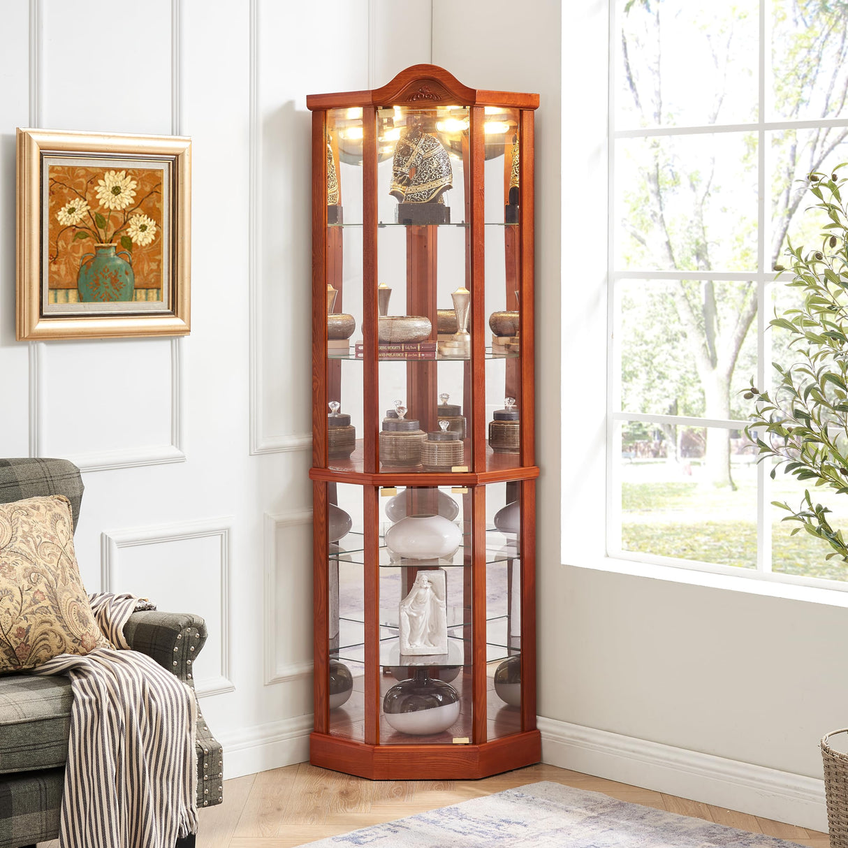 Ball & Cast 72" H Lighted Corner Curio Cabinet with Curved Top Carving,Glass Display Cabinet with 6 Tempered Adjustable Glass Shelves and Doors,Light Bulb Included, Rack for Liquor Storage,Oak Ball & Cast