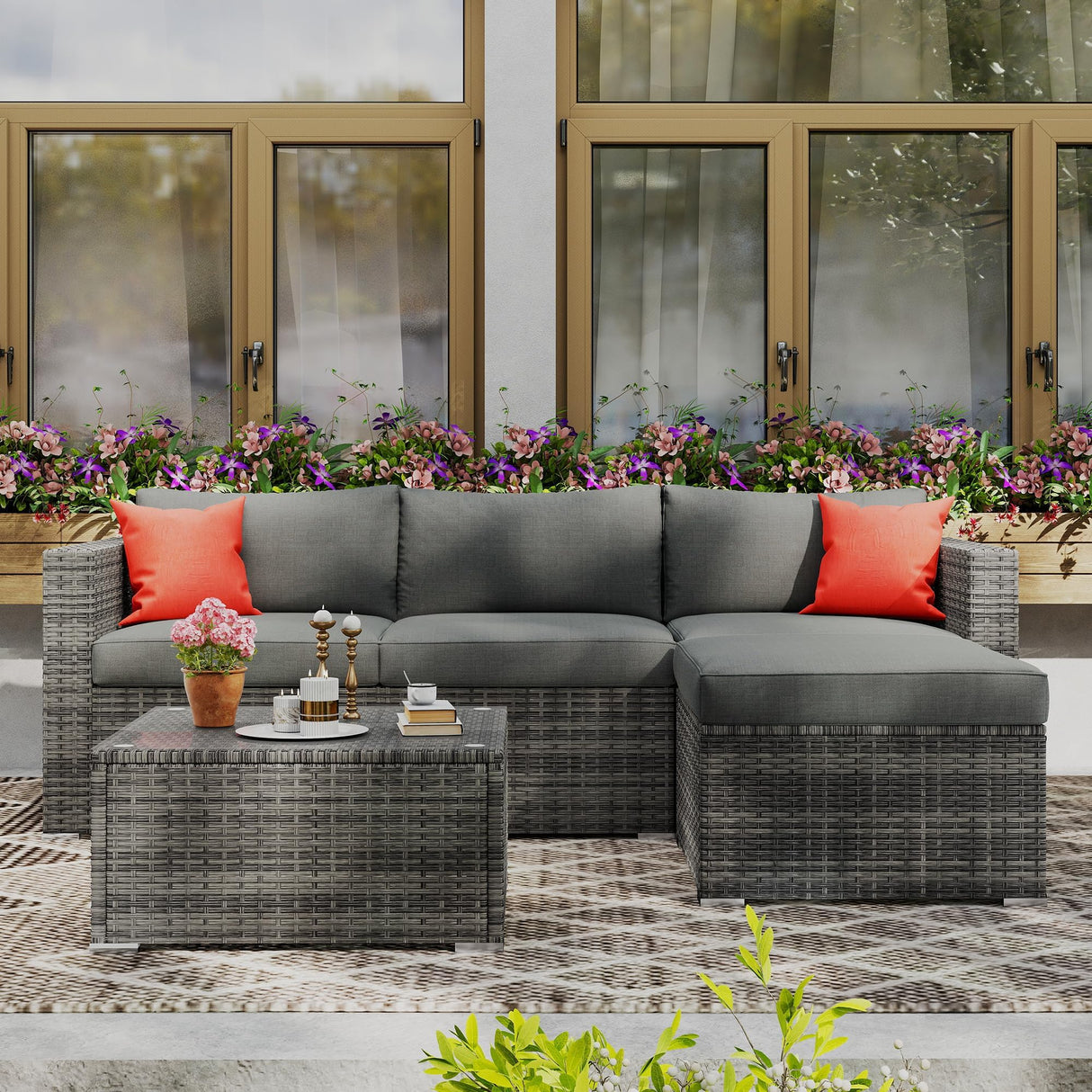 Wisteria Lane 5-Pieces Outdoor Patio Furniture Set, All Weather Wicker Rattan Sectional Sofa, Patio Conversation Set with Cushions & Glass Coffee Table for Backyard Porch Garden Balcony, Grey Wisteria Lane