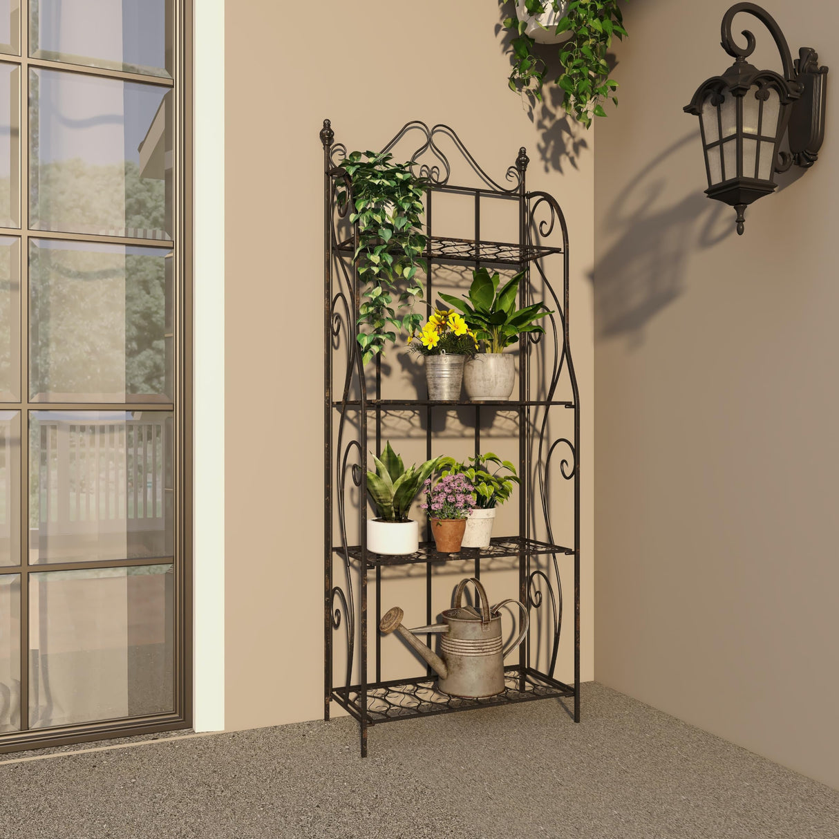 Deco 79 Metal Scroll Indoor Outdoor Tall Folding 4 Shelf Bakers Rack, 25" x 12" x 64", Black Deco 79