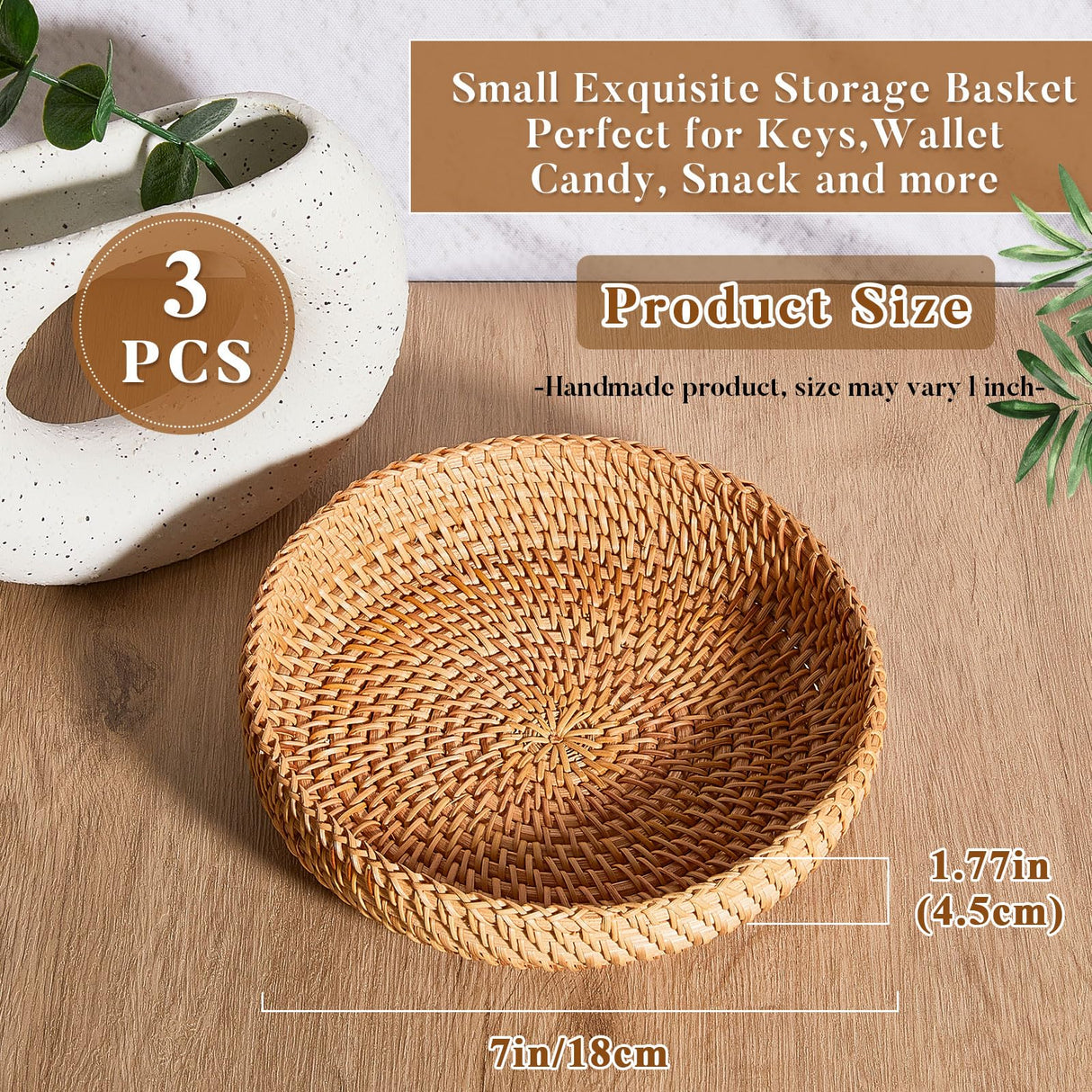 Hushee 3 Pcs Small Round Keys Basket for Entryway Woven Bowl Basket Rattan Wicker Round Tray Organizing for Keys Wallet Cell Phone Tabletop Serving Fruit Food Holder Decorative Table Storage Hushee