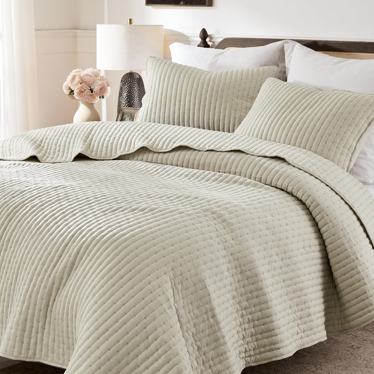 WDCOZY Beige Cross Stitch Queen Size Quilt Set, Netural Striped Lightweight Soft Bedspread, Channel Farmhouse Rustic Coverlet, All Season Country Bedding, Thin Comforter WDCOZY