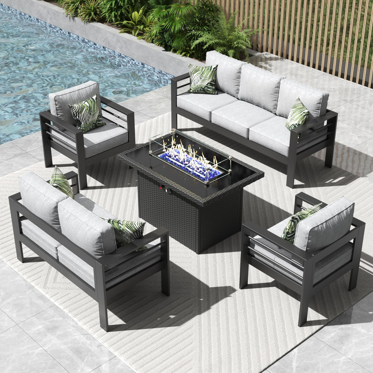 Vakollia 5 Pieces Modern Aluminum Patio Furniture Set with Fire Pit Table, Outdoor Conversation Sets Metal Sectional Sofa Vakollia