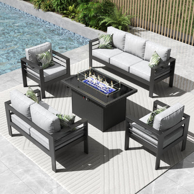 Vakollia 5 Pieces Modern Aluminum Patio Furniture Set with Fire Pit Table, Outdoor Conversation Sets Metal Sectional Sofa