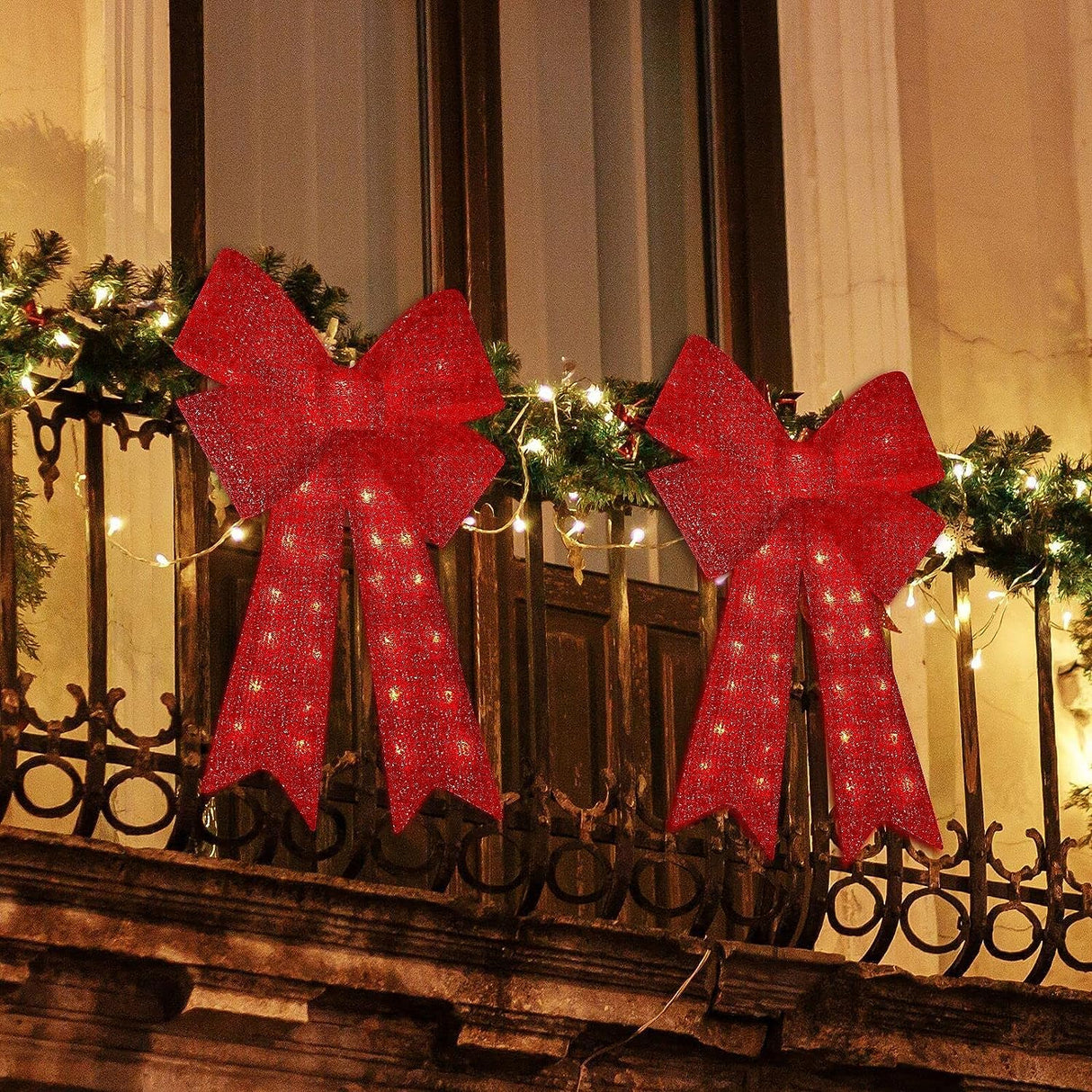 LAMPHOME Christmas Glitter Red Bow,Lighted Large Christmas Bows Wreath Decoration,Christmas Tree Topper Decorative Bow for Indoor Outdoor Christmas Parties Decorations (32IN 72LED) LAMPHOME