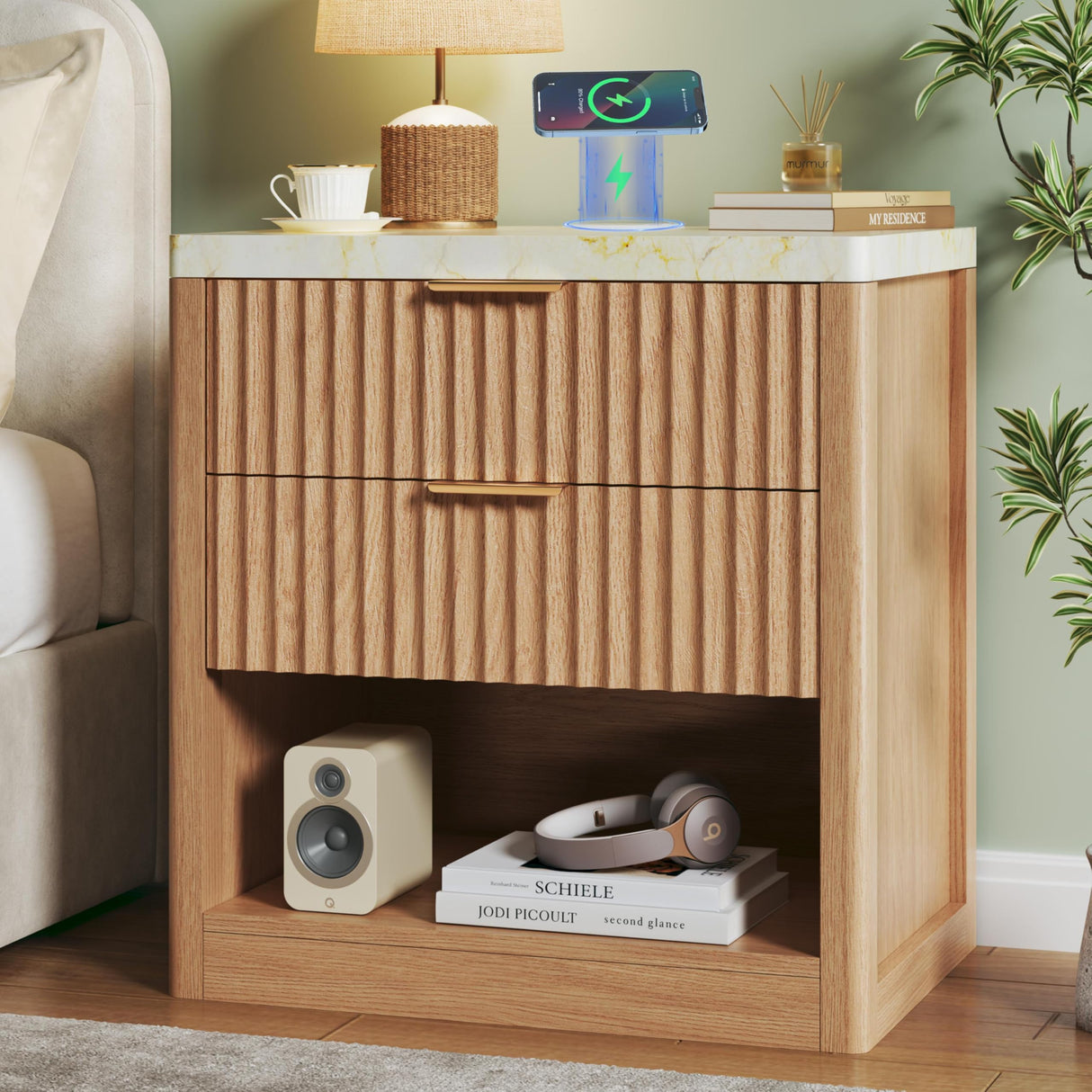 Fluted Nightstand with 2 Drawers, 24'' Night Stand with Wireless Charging Station, Mid Century Modern Side Table with Faux Marble Top, Large Wooden Bedside End Table for Bedroom, Oak HUAHUU