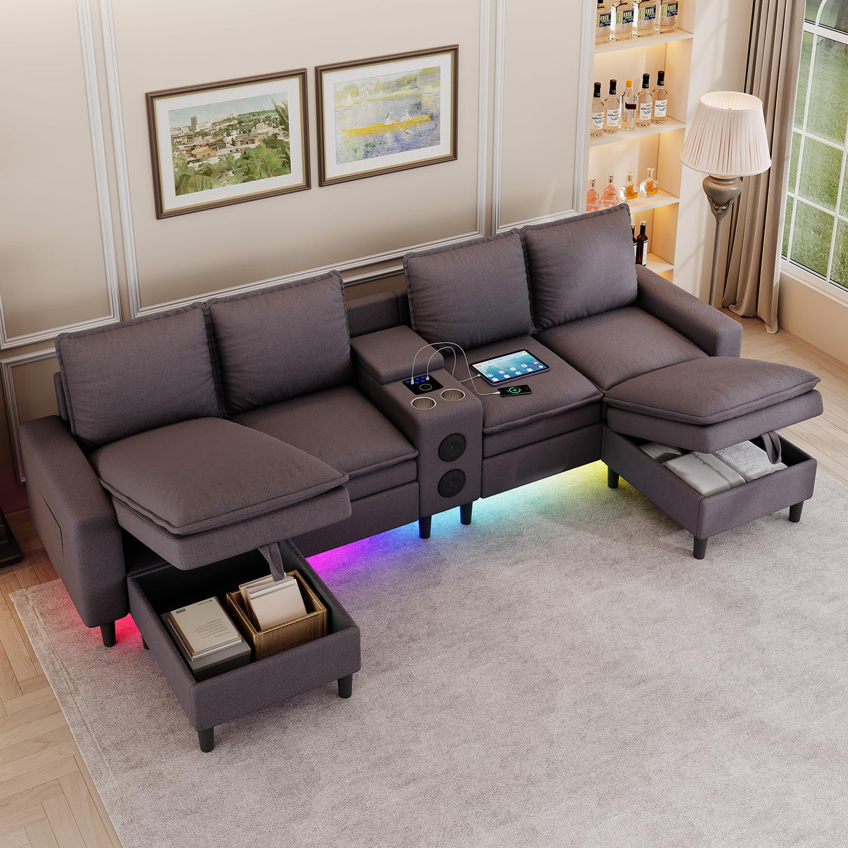 HYZQ Sectional Couches for Living Room, 4 Seat Sectional Sofa with Smart Module-Bluetooth Speaker/RGB Light/Charging Station, Teddy Fleece U Shaped Cloud Couch with Storage Ottoman (Dark Grey) HYZQ