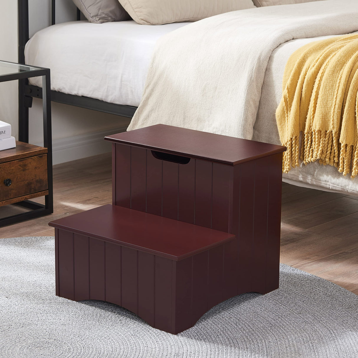 Kings Brand Furniture - 2 Step Wooden Step Stool with Hidden Storage for Adults or Kids, Dog Stairs, Walnut Kings Brand Furniture