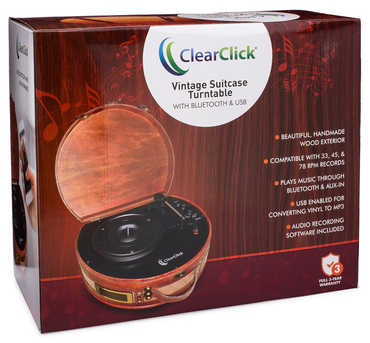 ClearClick Vintage Suitcase Turntable with Bluetooth & USB - Classic Wooden Retro Style ClearClick