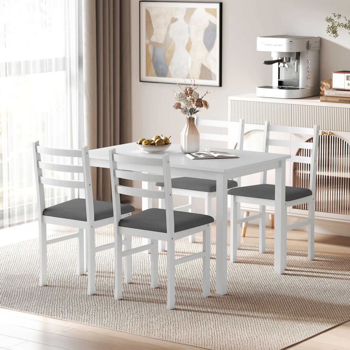 HOMCOM 5-Piece Dining Table Set for 4 with Solid Wood Frame, Farmhouse Kitchen Table Set with 4 Upholstered Padded Chairs for Small Space, Dining Room, Breakfast Nook, Pure White HOMCOM
