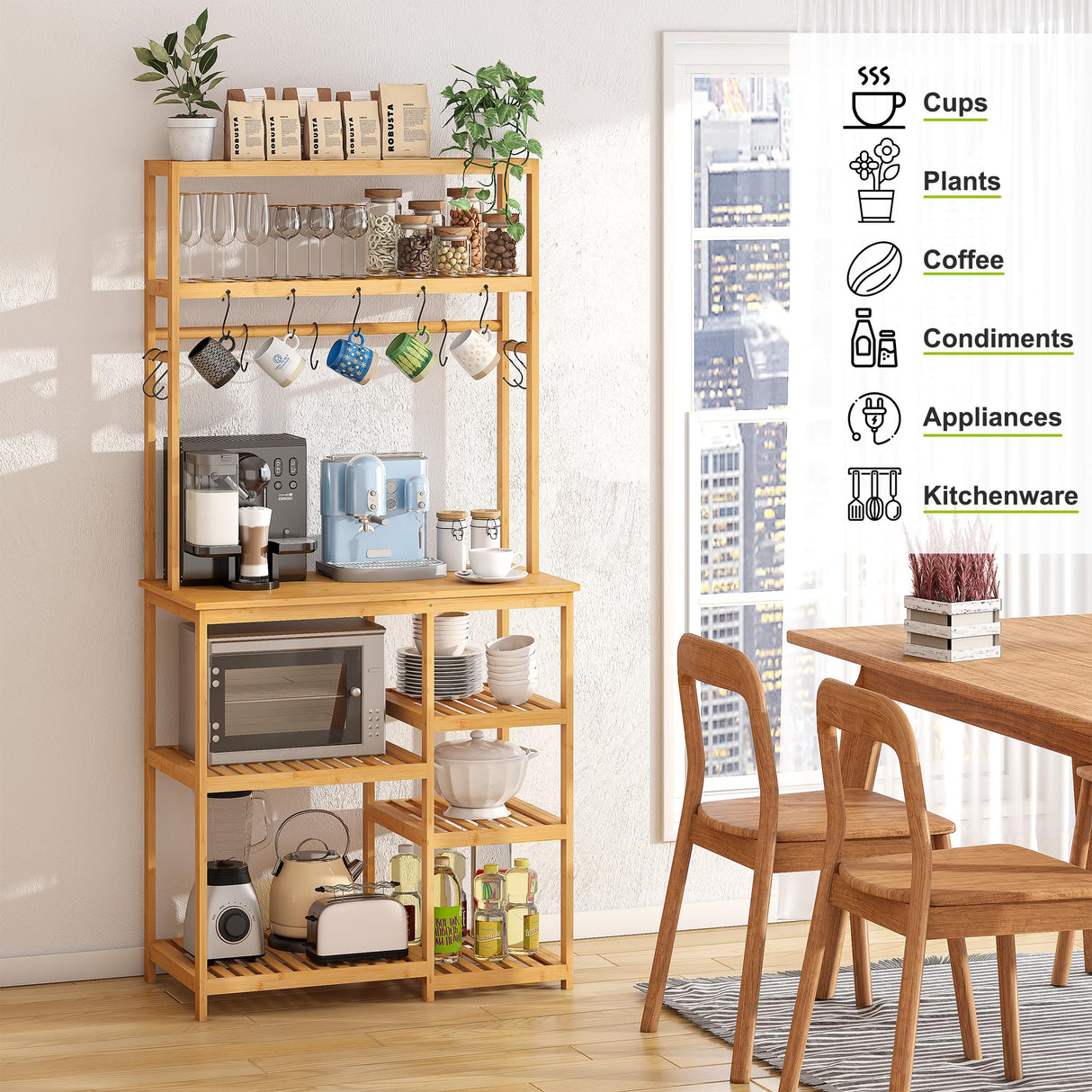BMOSU Bamboo Bakers Rack for Kitchen Open Storage Shelves & Coffee Bar Table - Microwave Stand with 12 S-Shaped Hooks BMOSU