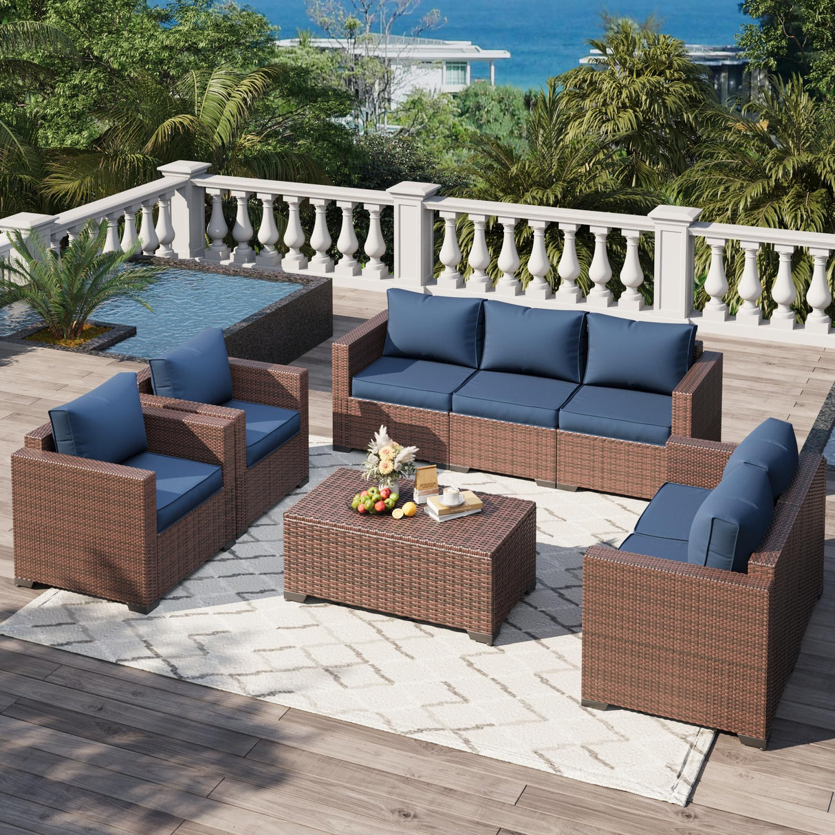 VONZOY Wide Armrest Outdoor Patio Furniture Set, 5 Piece Patio Sectional Sofa with Storage Table for Backyard, Porch, Balcony, Poolside(Navy Blue) VONZOY