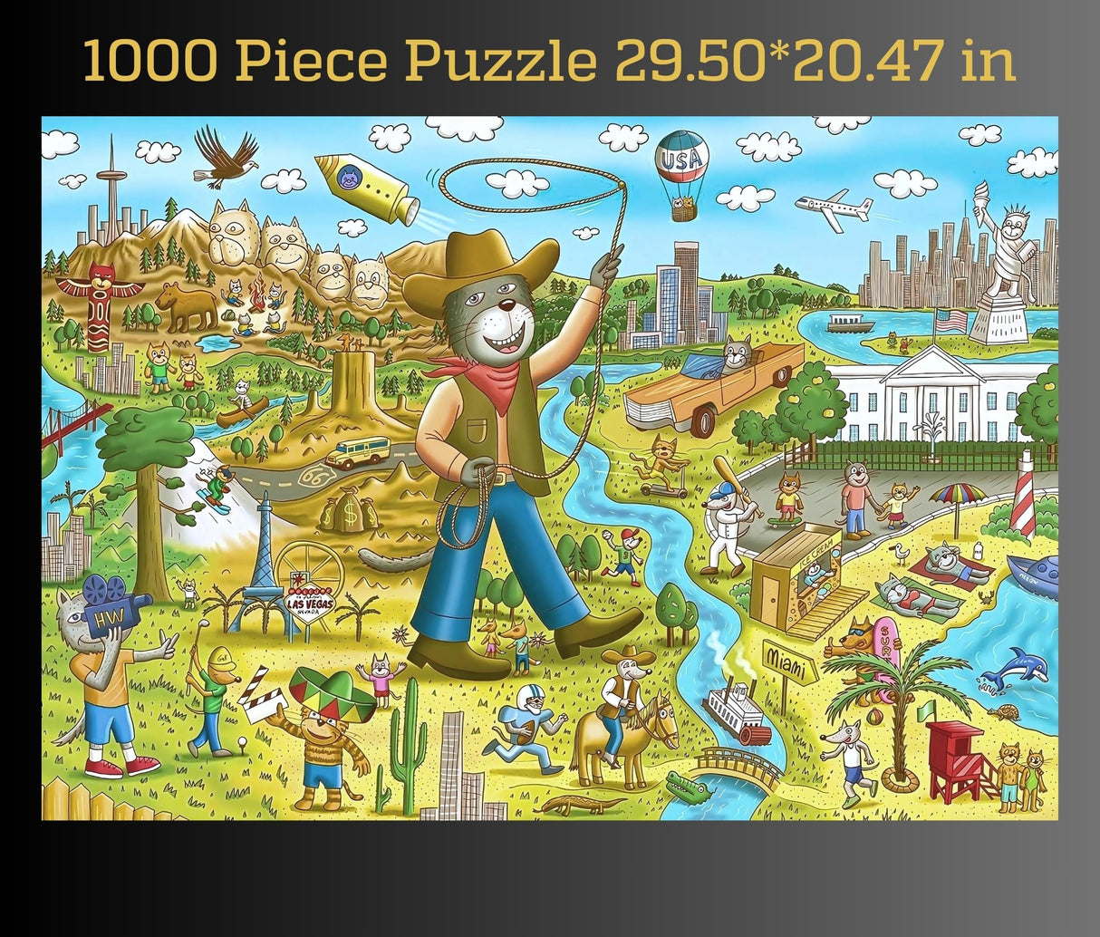 Pawsome America by Gerjato | 1000 Piece Puzzle for Adults, Family and Kids – 20x30 Inch HD Puzzles for Adults 1000 Pieces with a Silky Matte Finish | Fun Unique USA Puzzle Gift Box with 1:1 Poster Gerjato