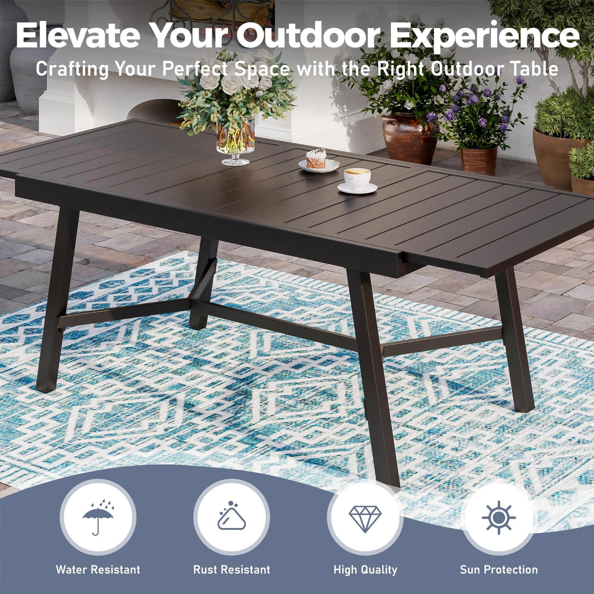 SUNSHINE VALLEY 9 Piece Patio Dining Set for 8, Rectangular Extendable Dining Table, 8 Metal Brown Chairs, Outdoor Table and Chairs Set for Lawn Backyard and Deck SUNSHINE VALLEY