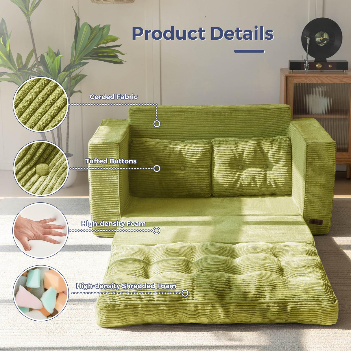 MAXYOYO Convertible Sofa Bed, Pull Out Loveseat Sleeper Sofa, 2 in 1 Folding Couch Bed, Fold Out Floor Couch with Pillows for Living Room Bedroom Lounge, Green MAXYOYO