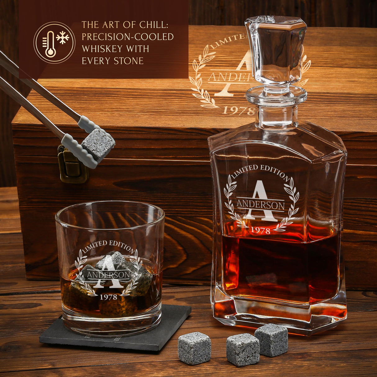 Personalized Whiskey Decanter and Stones Set - Customized Gift for Him - Men, Dad, Father - Engraved Old Fashioned Decanter, Glasses, 9 Granite Stones in Container, Coasters, Tongs in Wooden Gift Box Frolk