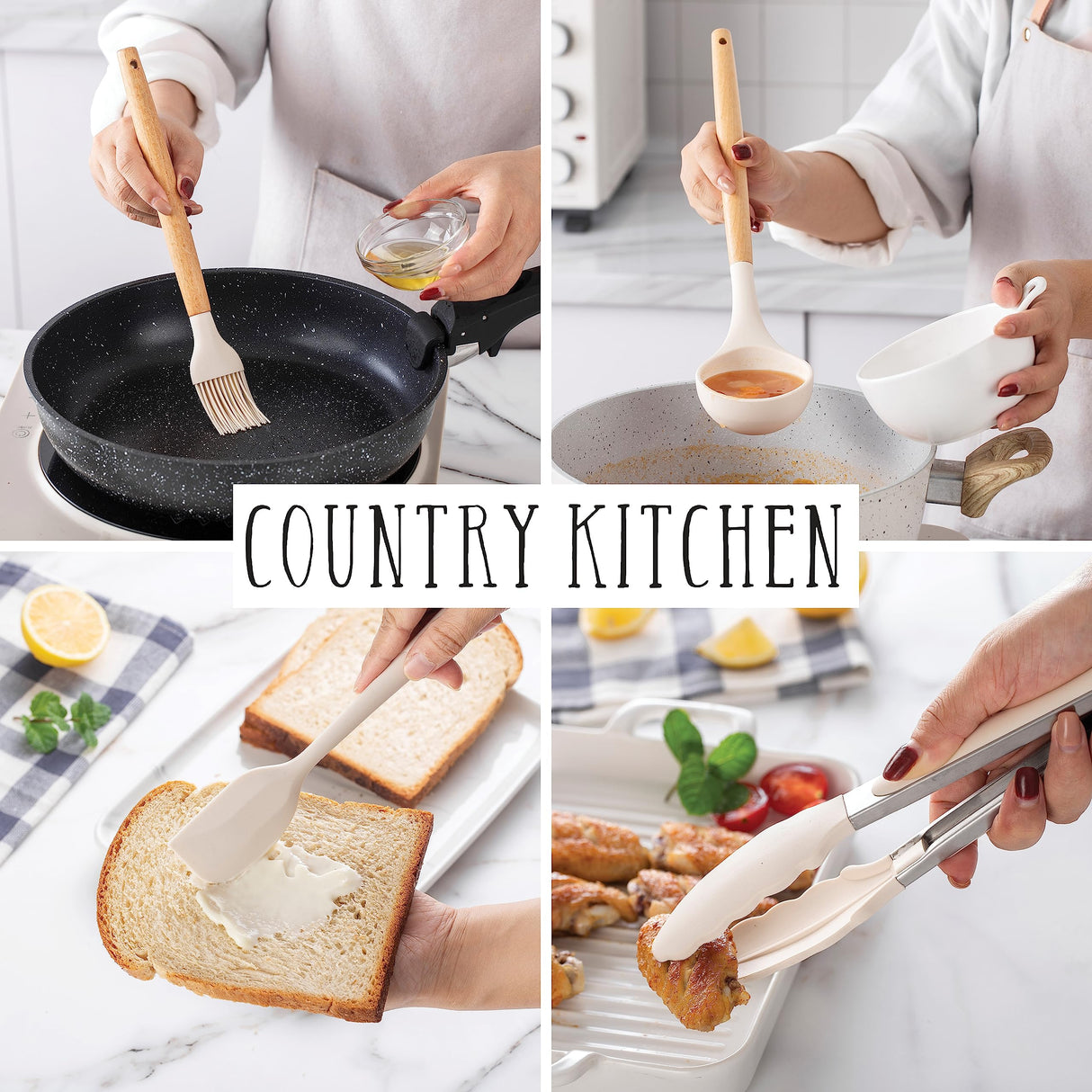 Country Kitchen Non Stick Silicone Utensil Set with Rounded Wood Handles for Cooking and Baking, 14 Piece Set, Khaki Country Kitchen