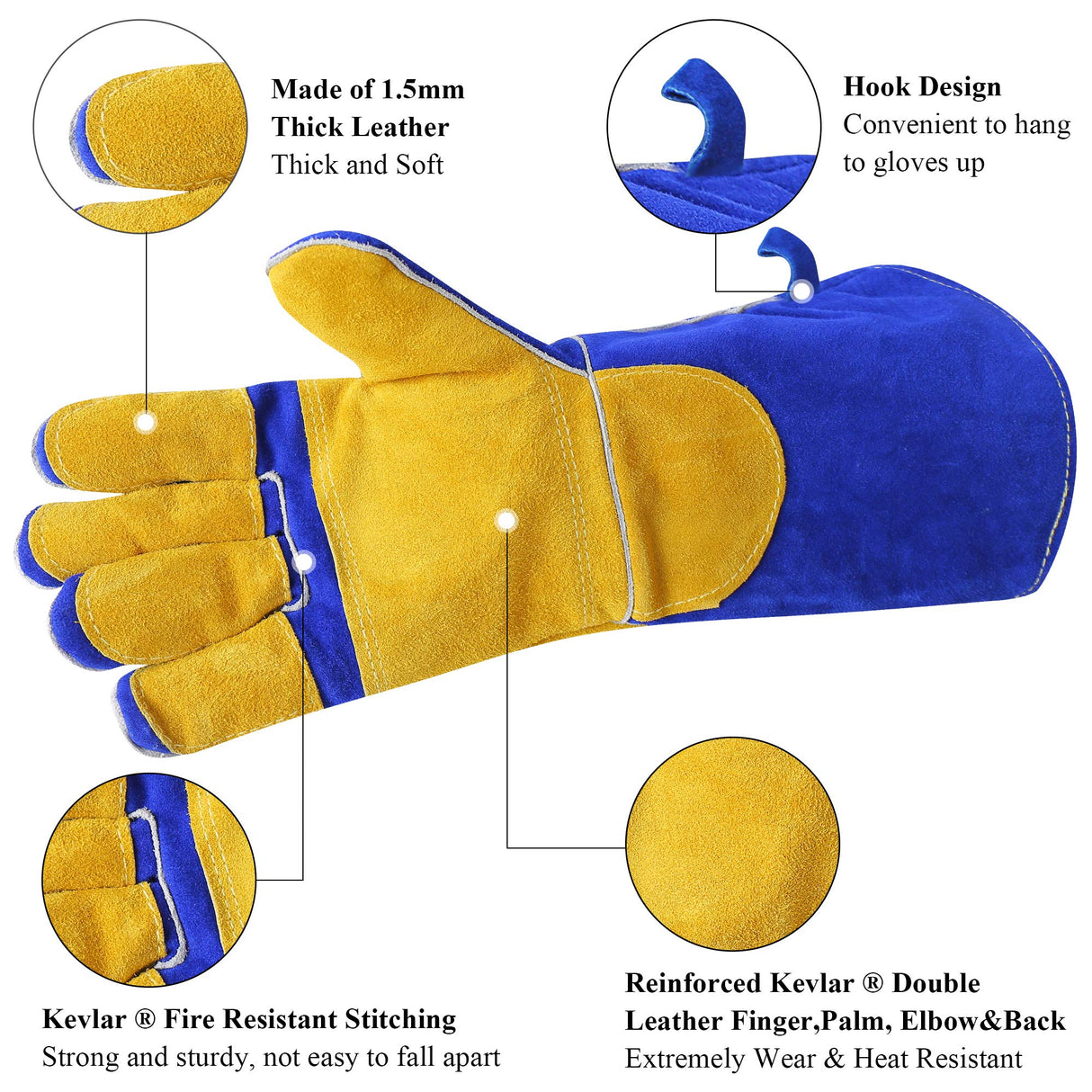 RAPICCA Welding Gloves Fire Heat Resistant: Blue 16IN 932℉ - Fireproof Leather For Stick Mig Flux-Core Welder Forge Blacksmith Fireplace Wood Stove Fire Pit Furnace Handling Dry ice - One Size RAPICCA