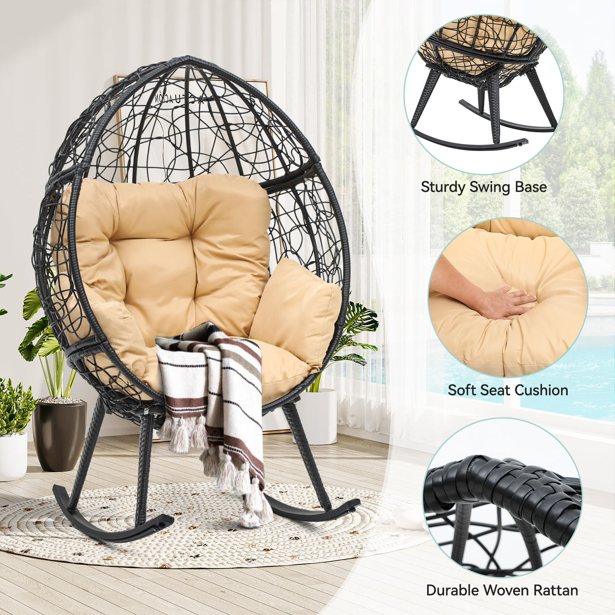 YITAHOME Rocking Egg Chair with Cushioned Comfort, 250lb Capacity, Anti-Slip, All-Weather Resilient Wicker Rattan Design for Indoor & Outdoor Relaxation Spaces, Beige YITAHOME