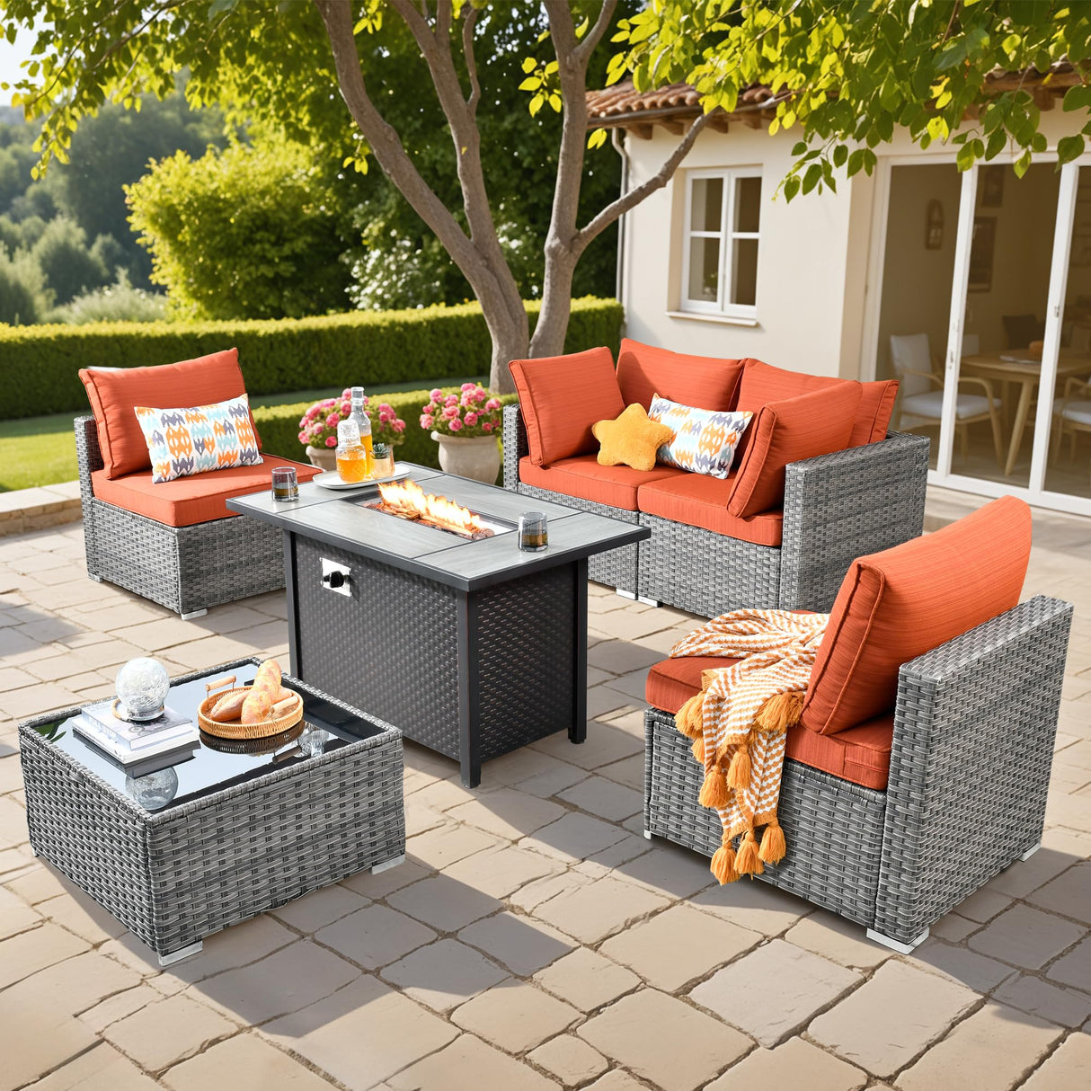 weaxty W 6 Piece Wicker Sectional Patio Furniture with Fire Pit, Outdoor Sectional Couches with 42'' Firepit Coffee Table Modern Outside Conversation Sets for Balcony Backyard Garden, Orange weaxty W