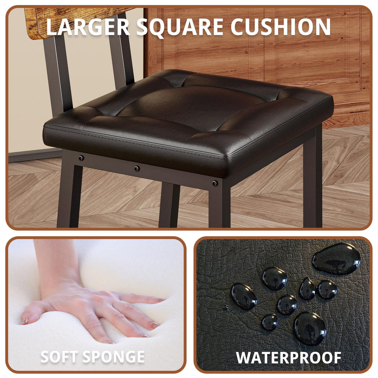 IRONCK Bar Stools Set of 2, 16.5in Square PU Upholstered Barstools with Back and Footrest, Thick Cushion Stools for Kitchen Island for Dining Room Kitchen Counter Bar, Rustic Brown and Black IRONCK