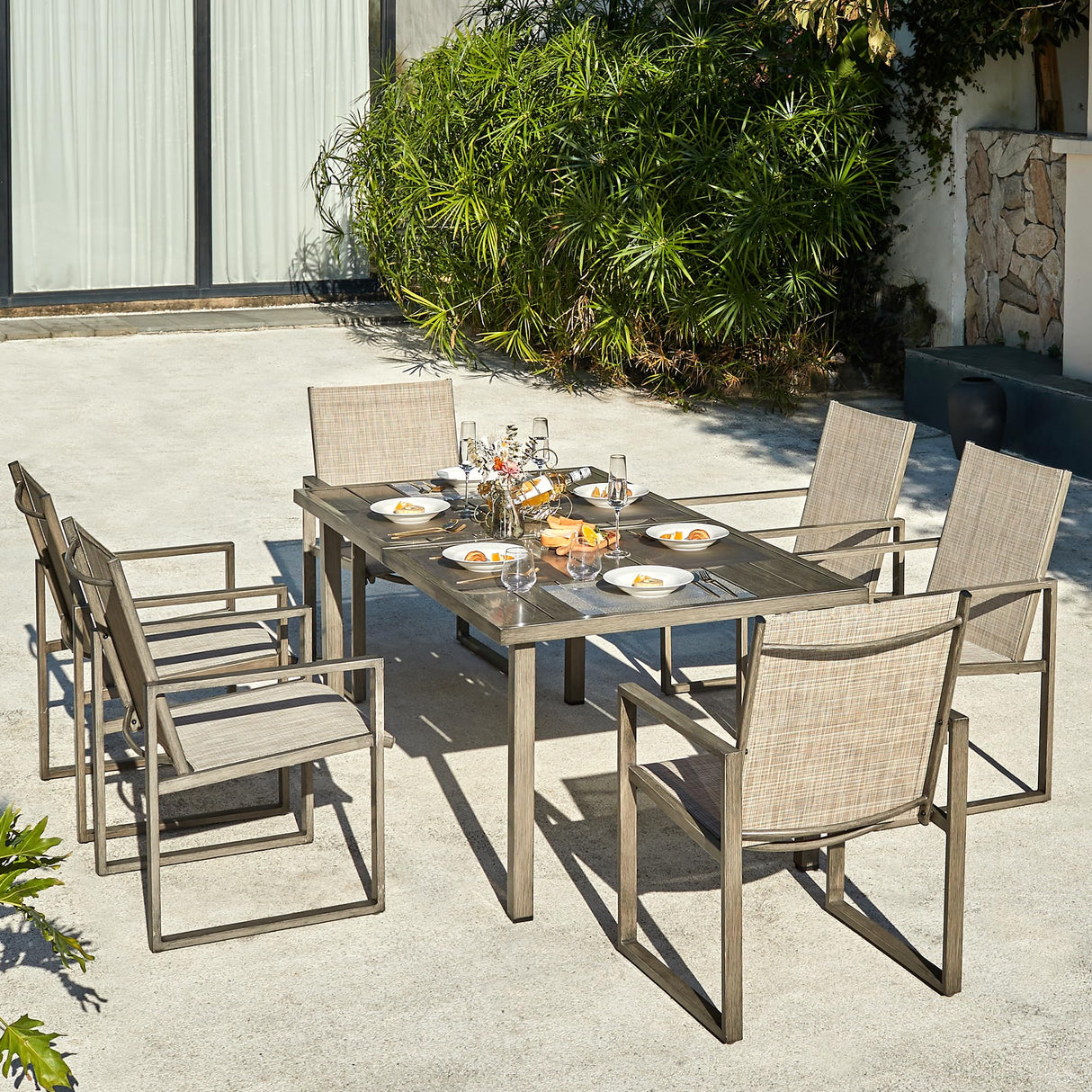 NATURAL EXPRESSIONS 7 Pieces Patio Dining Set Outdoor Furniture,70’’ Dining Table and 6 Sling Chairs with 1.65'' Umbrella Hole for Backyard Garden Poolside Porch NATURAL EXPRESSIONS